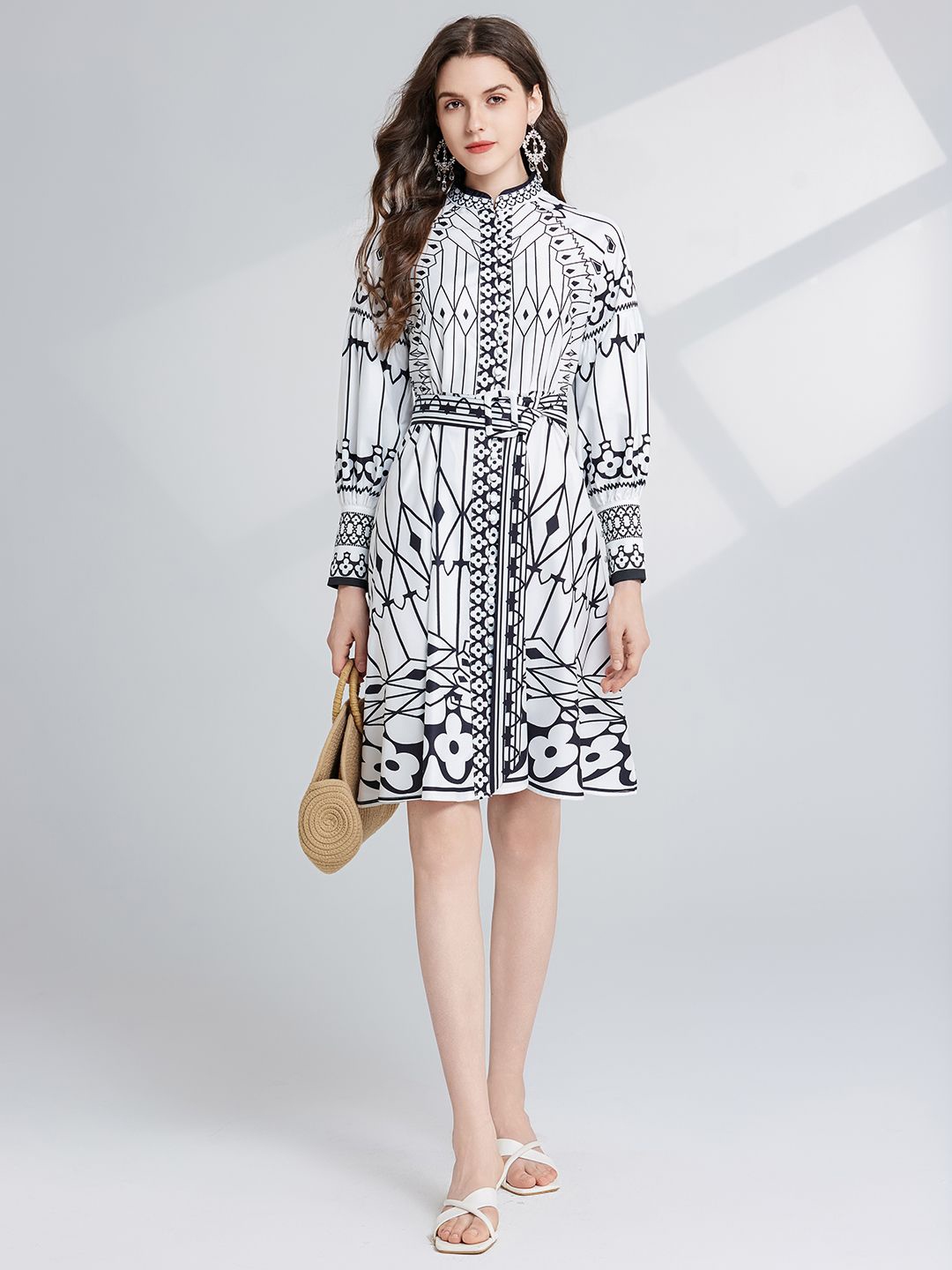 

JC Collection Women Abstract Printed Long Cuffed Sleeves Above Knee Shirt Dress, White