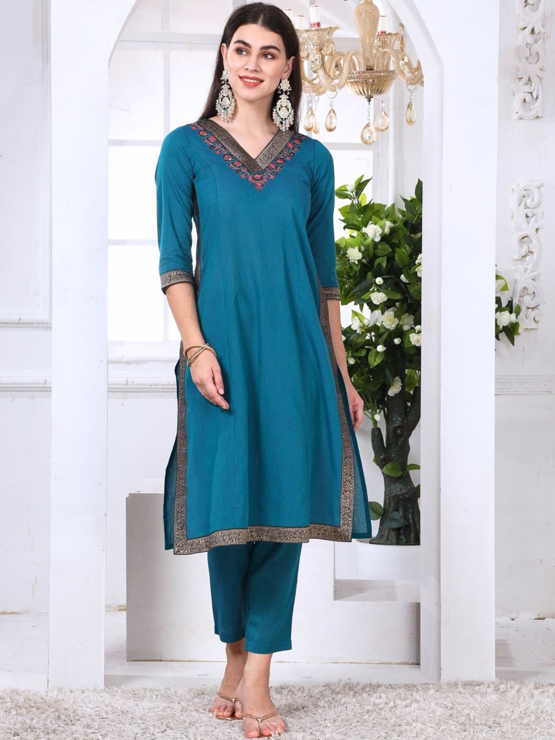 

Saffron Threads Floral Embroidered Straight Pure Cotton Kurta with Trousers, Blue