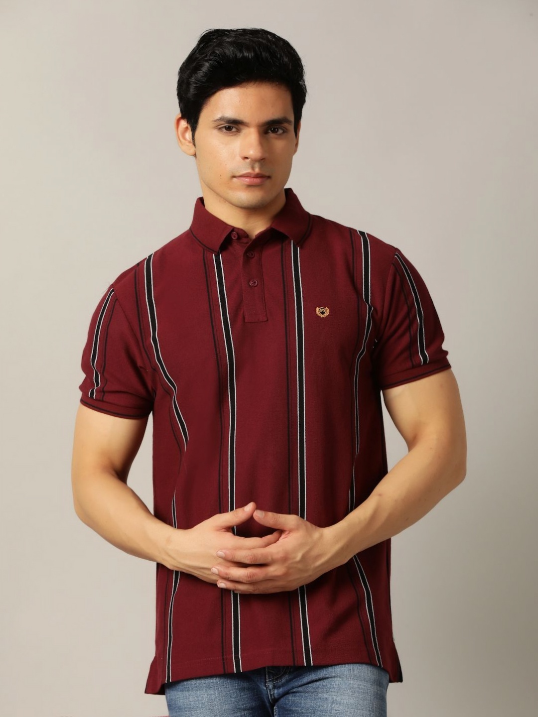 

JADE BLUE Men Striped Polo Collar Pockets Slim Fit T-shirt, Maroon