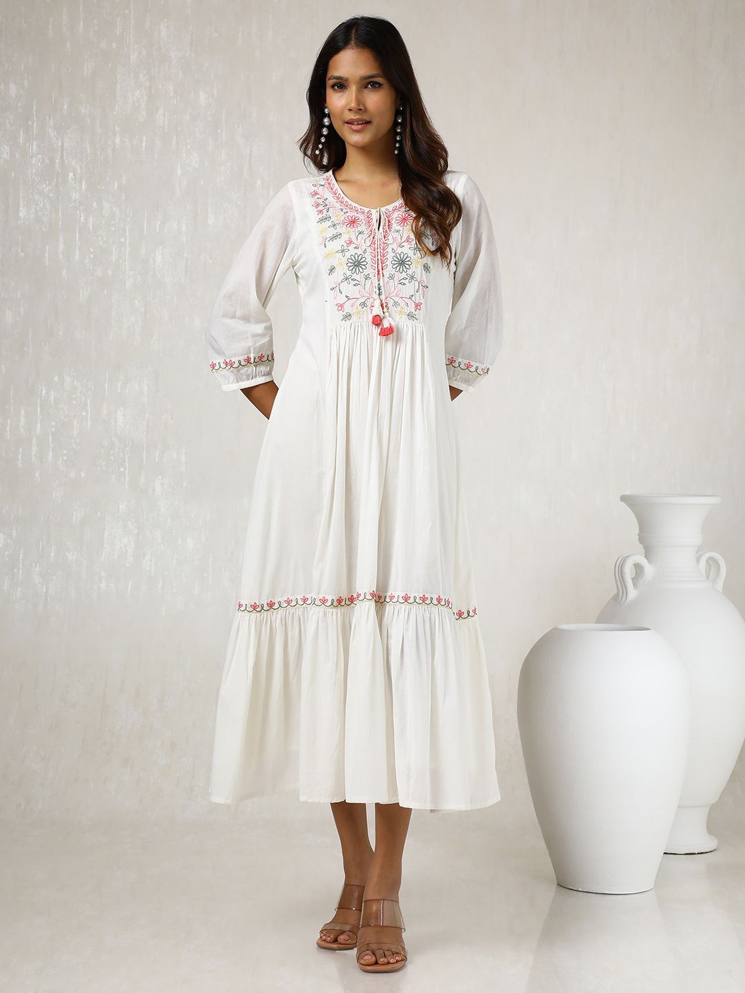 

Soch Women Embroidered Tie-Up Neck A-Line Midi Dress, Off white