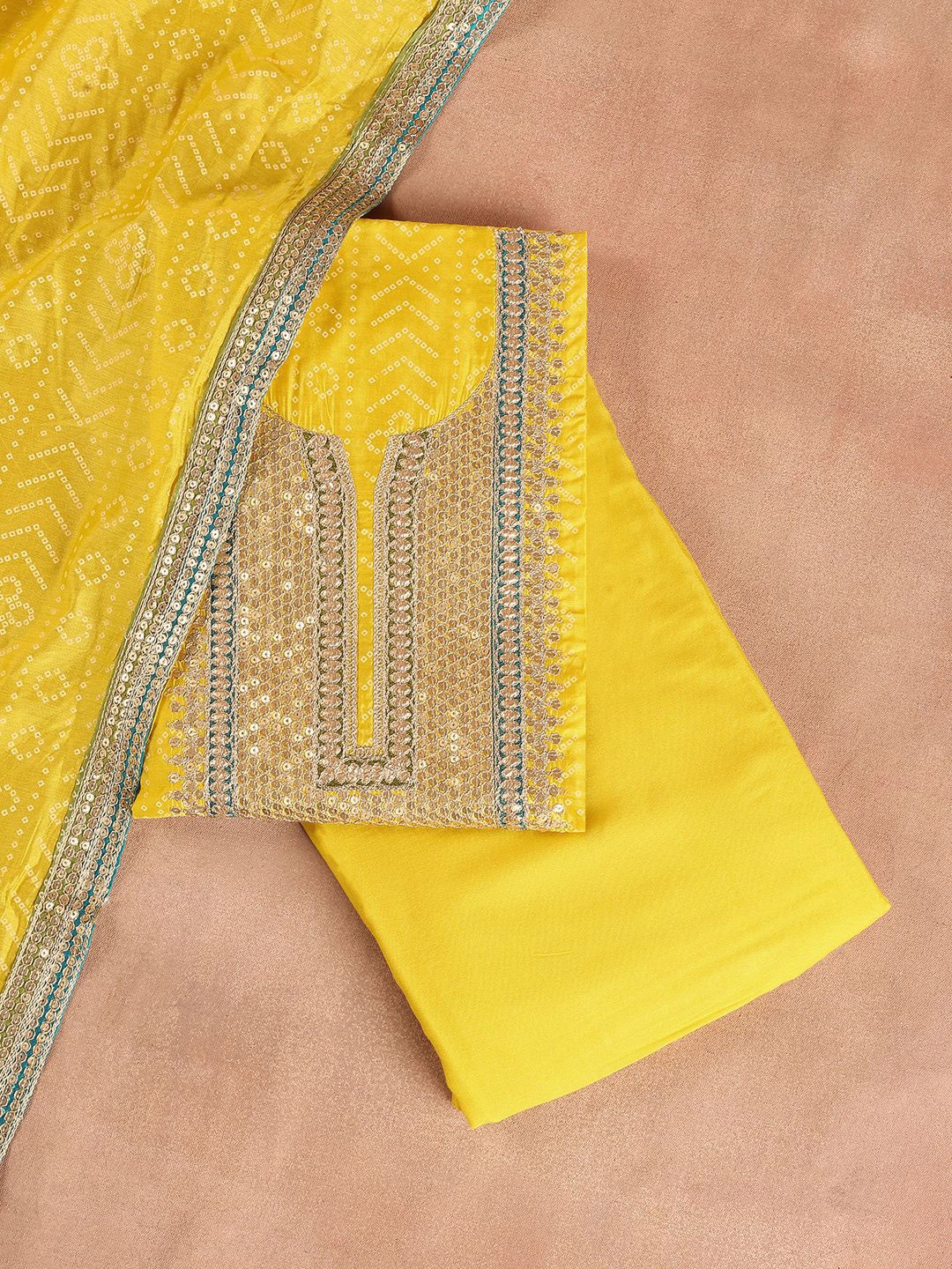 

Libas Yellow Bandhani Embroidered Sequined Unstitched Dress Material