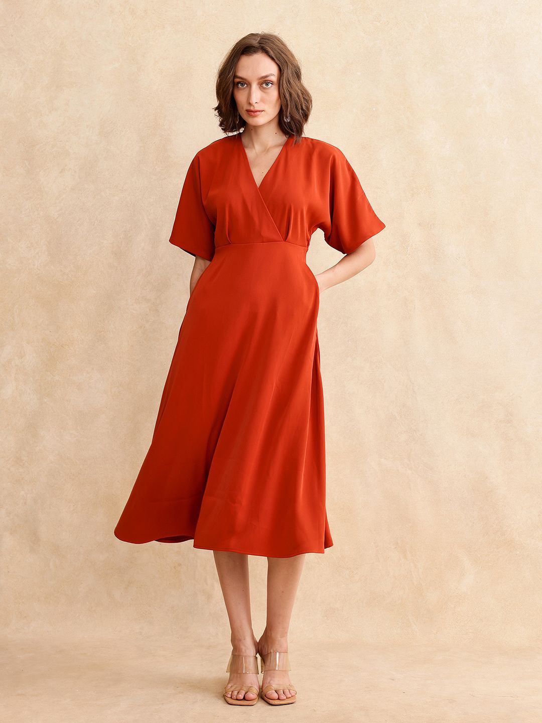 

RAREISM Women V-Neck Fit & Flare Cotton Midi Dress, Rust