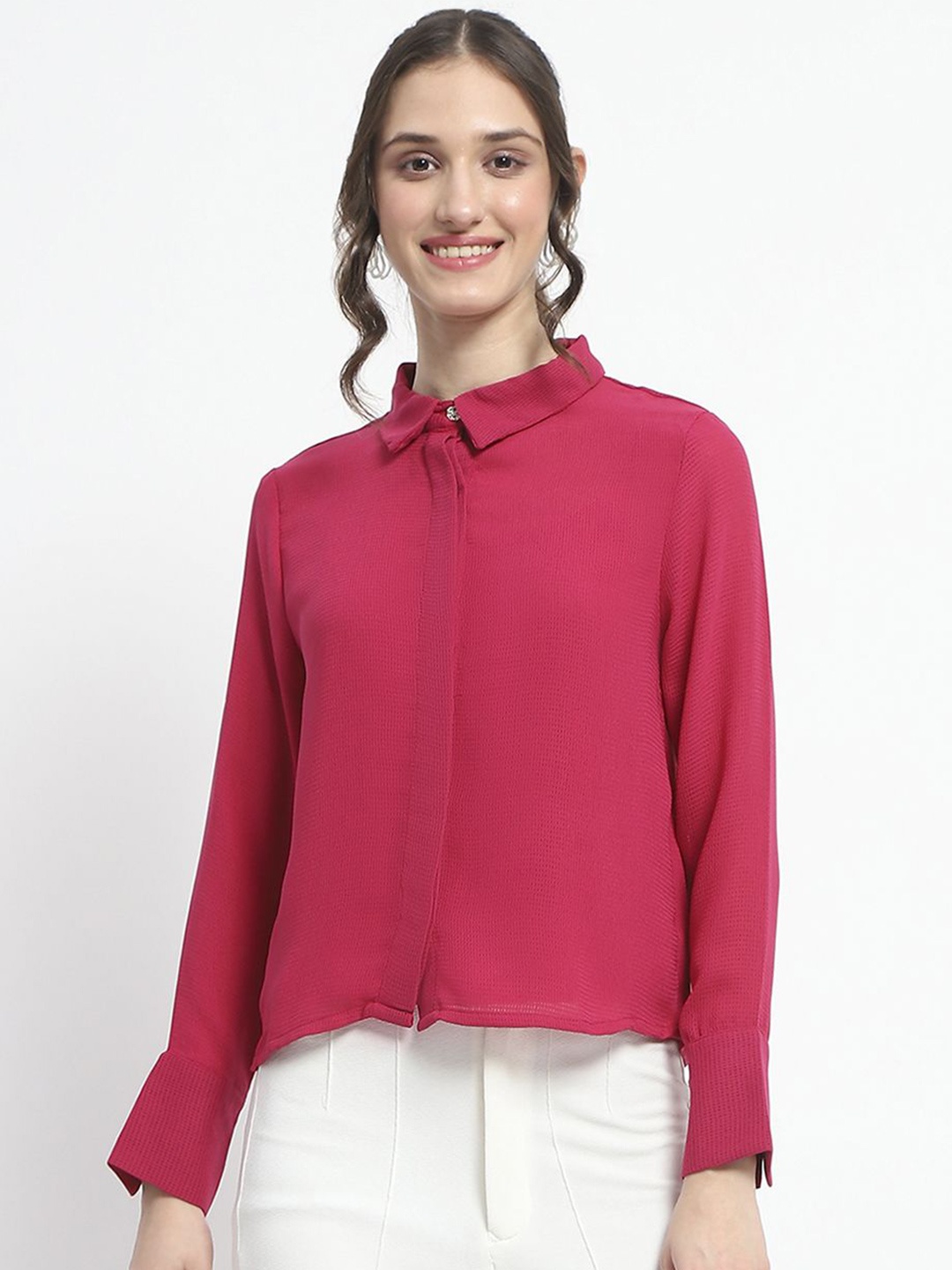 

Madame Women Spread Collar Textured Cotton Casual Shirt, Pink
