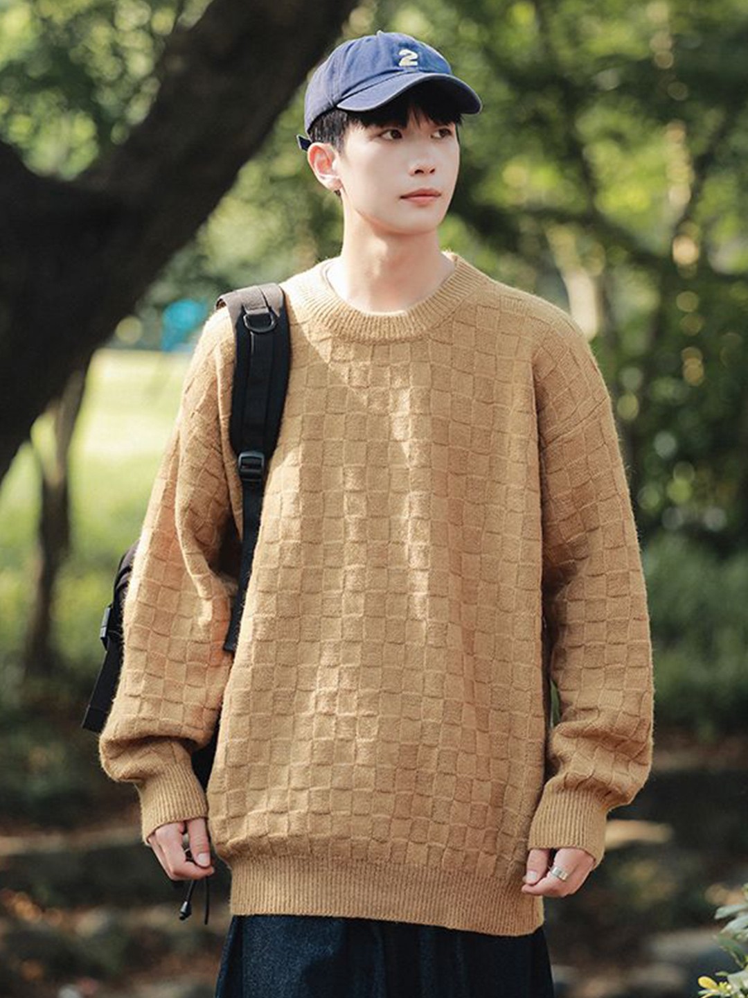 

StyleCast x Revolte Men Open Knit Round Neck Longline Pullover Sweaters, Brown