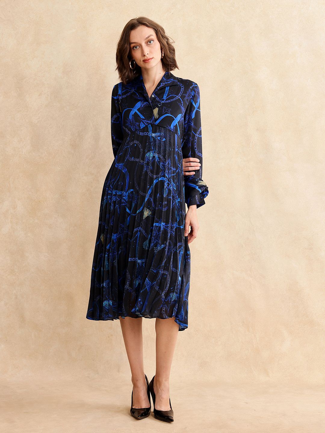 

RAREISM Women Printed Shirt Collar Fit & Flare Pleated Midi Dress, Navy blue