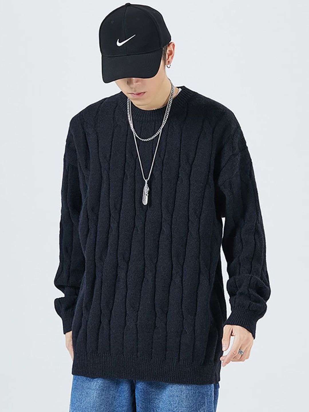 

StyleCast x Revolte Men Cable Knit Longline Pullover Sweater, Black