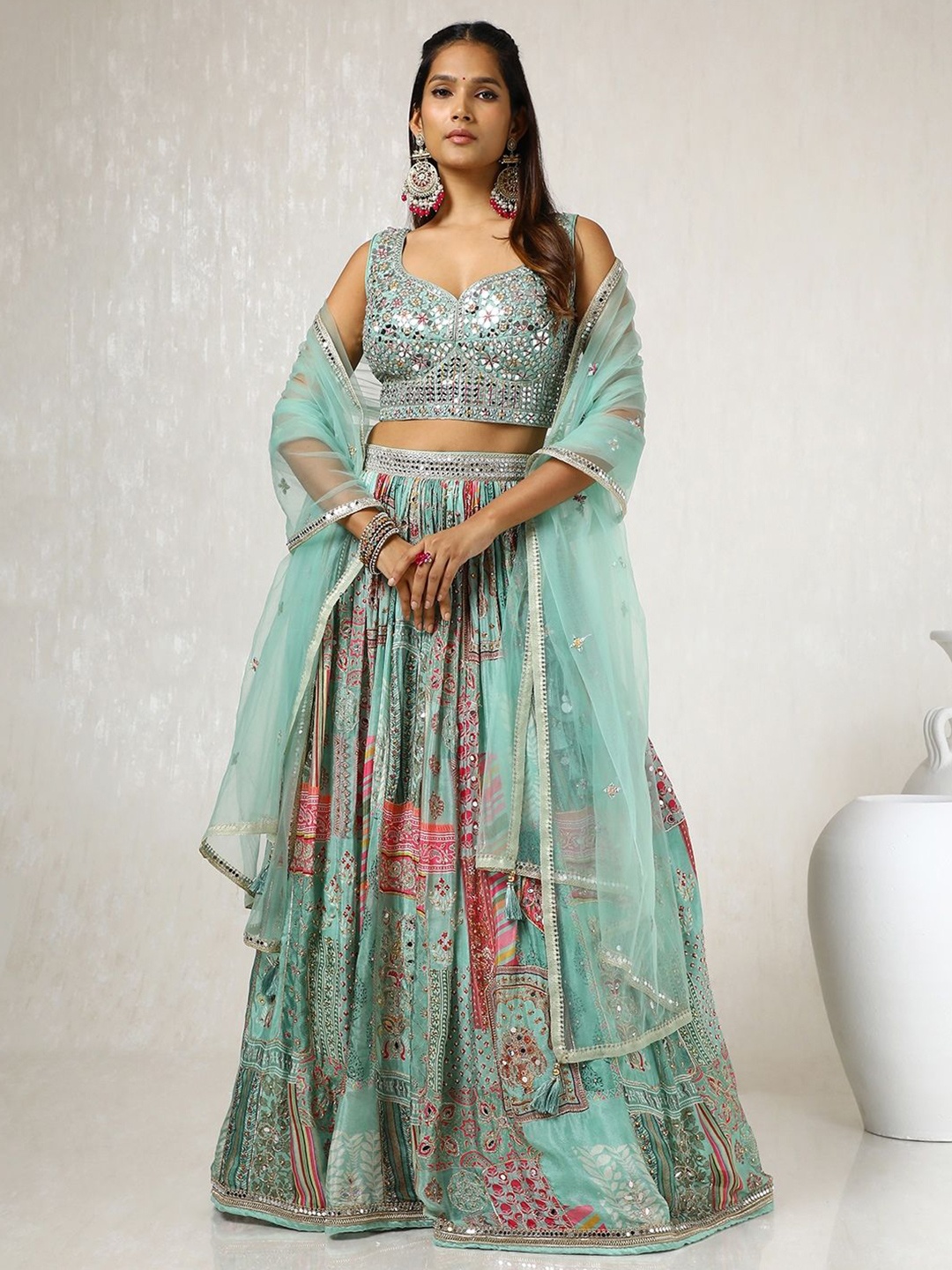 

Soch Embellished Mirror Work Ready to Wear Lehenga & Blouse With Dupatta, Green