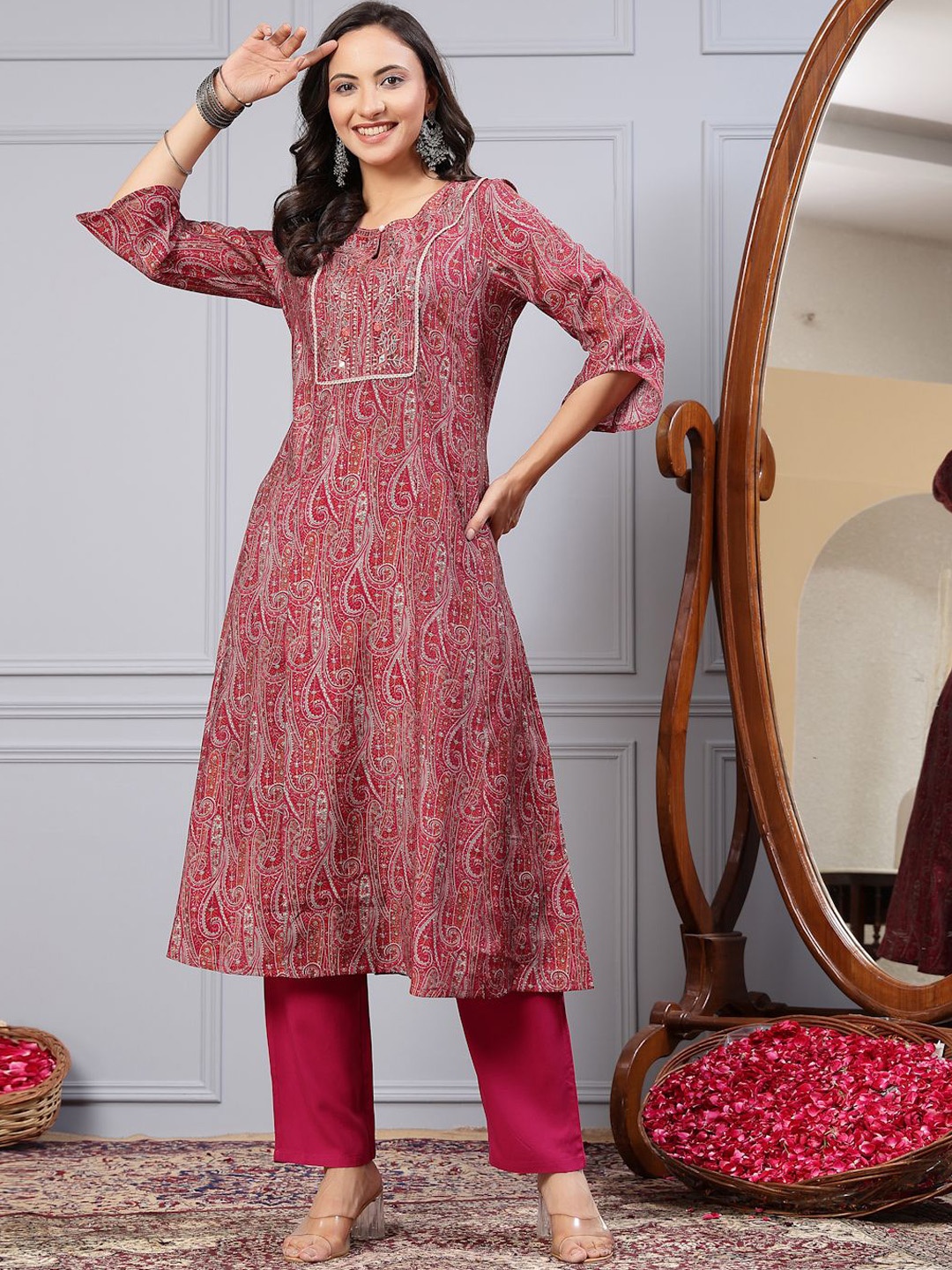 

Nayam By Lakshita Paisley Printed Mirror Work Chanderi Cotton Straight Kurta with Palazzo, Fuchsia