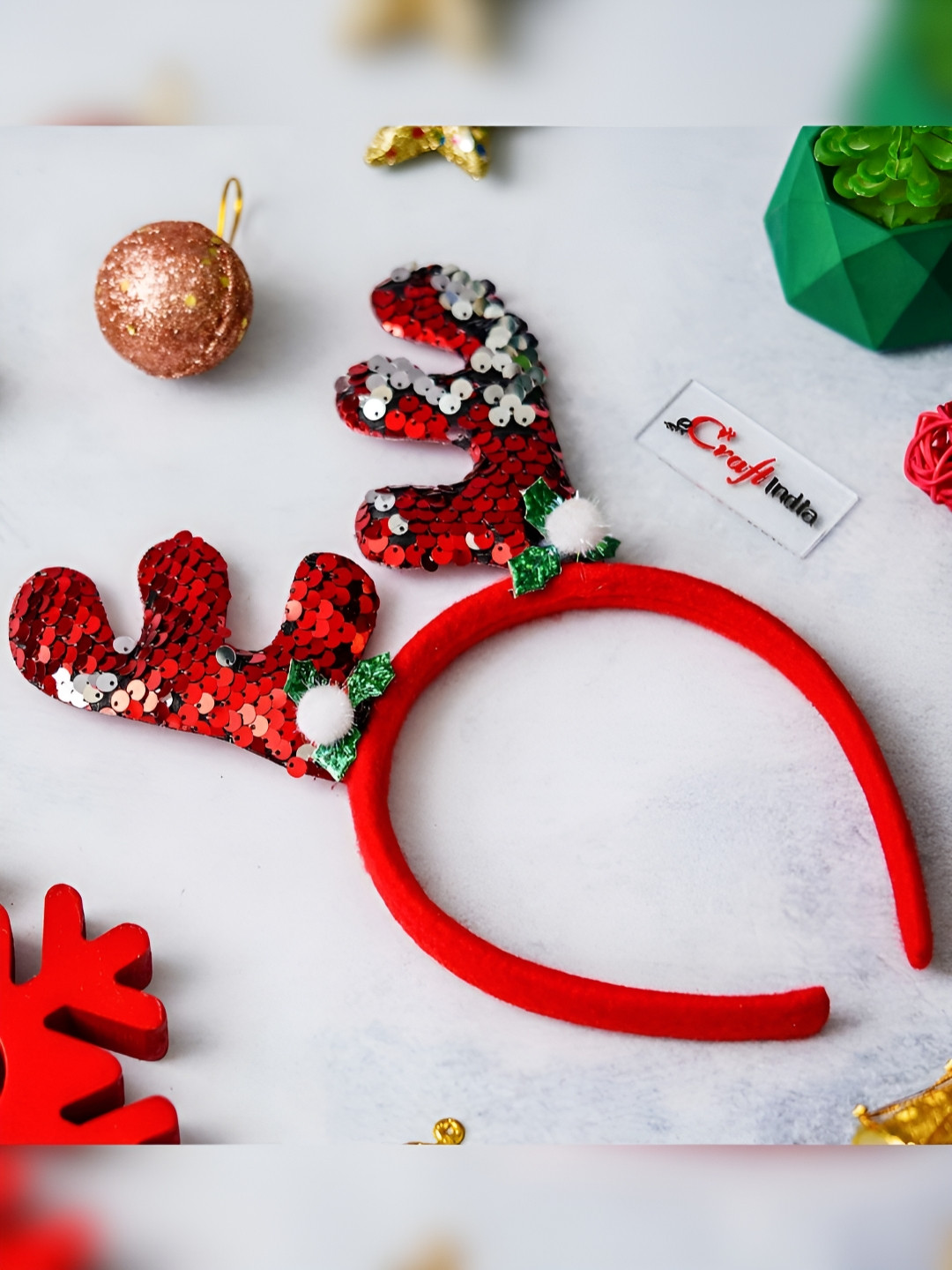 

eCraftIndia Red Christmas Headband Glitter Reindeer Antlers Design Christmas HairBand