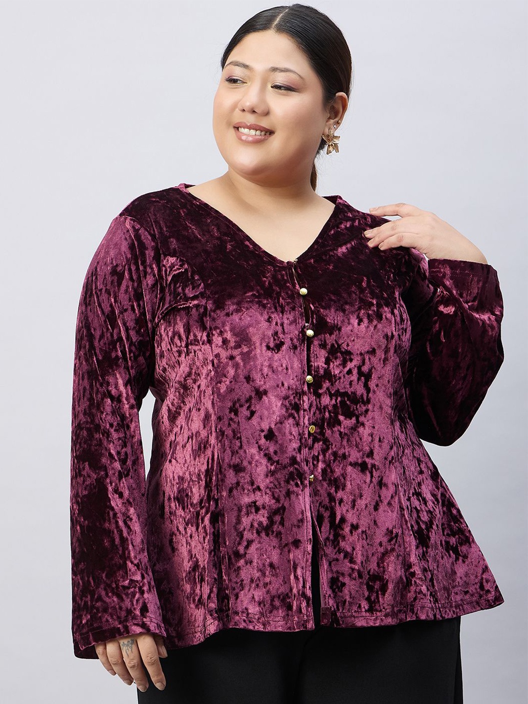 

Orchid Blues Plus Size Velvet Shirt Style Top, Purple