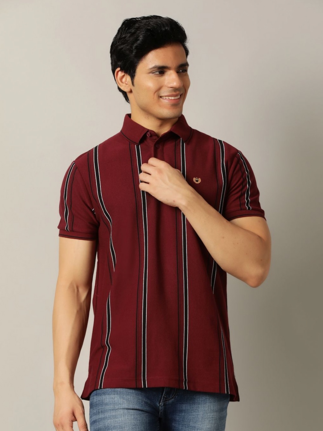 

JADE BLUE Men Striped Polo Collar Pockets Slim Fit T-shirt, Maroon