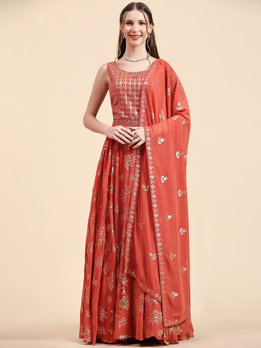 

VANAKARA Women Embroidered Gown Ethnic Dresses With Dupatta, Orange