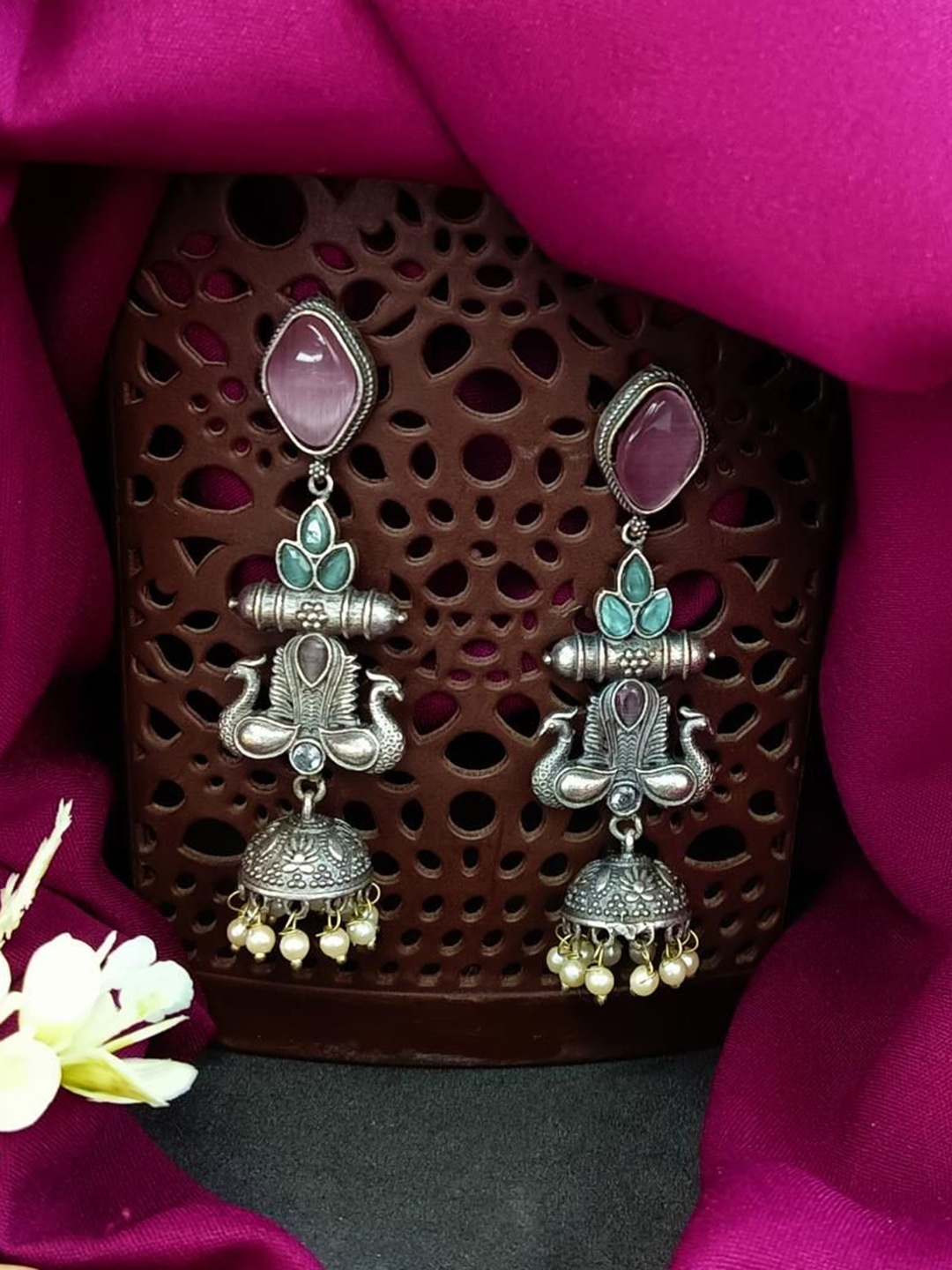 

Efulgenz Rhodium-Plated Dome Shaped Crystals Oxidised Jhumkas, Multi