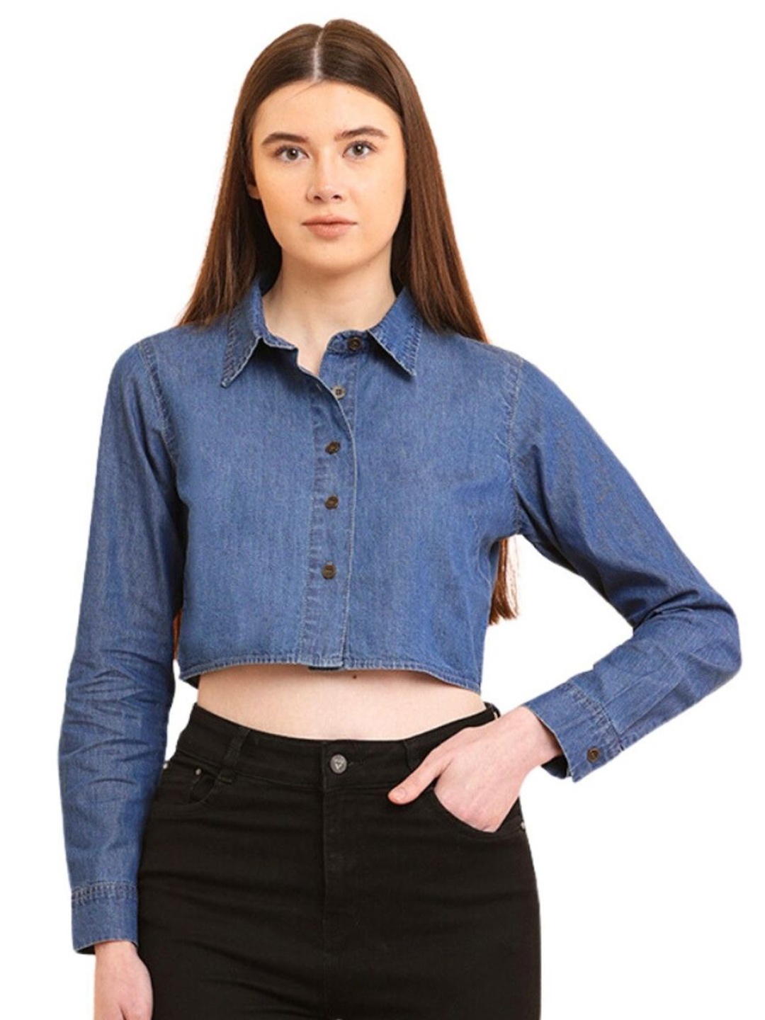 

PUELLA Shirt Collar Solid Crop Top, Blue