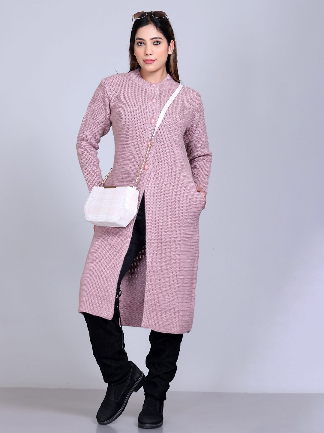 

Winter Wonders Cable Self Design Woollen Longline Front-Open Sweater, Pink