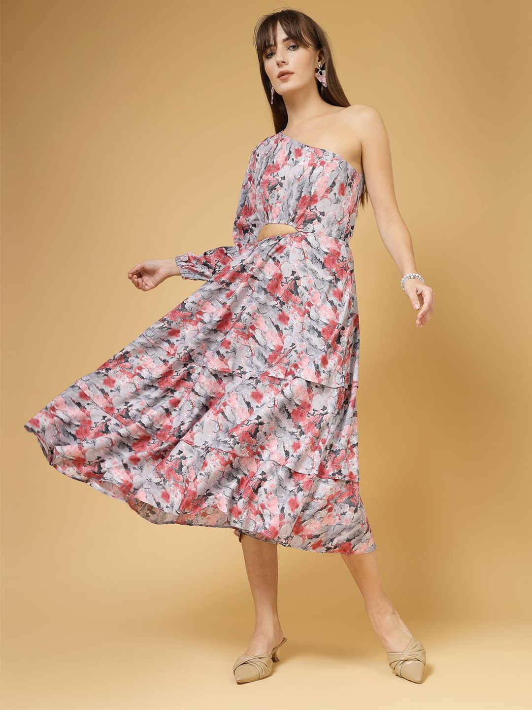 

Oomph! Women Printed One Shoulder A-Line Midi Dress, Pink