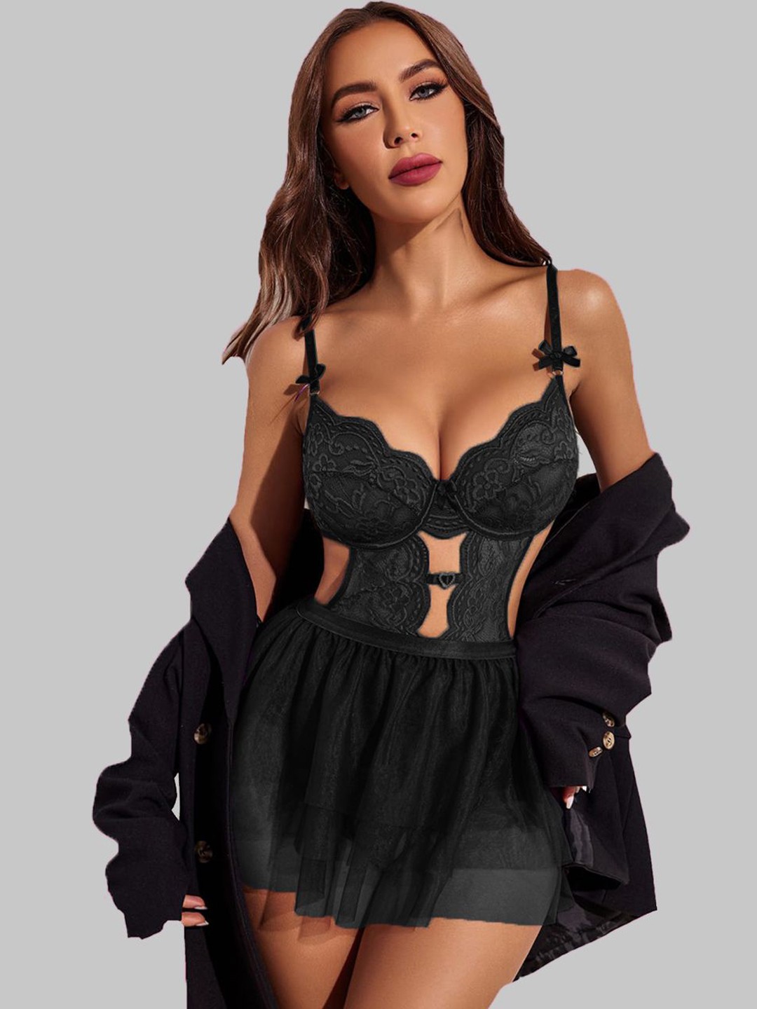 

VAGHBHATT Net Shoulder Straps Self Design Baby Doll, Black