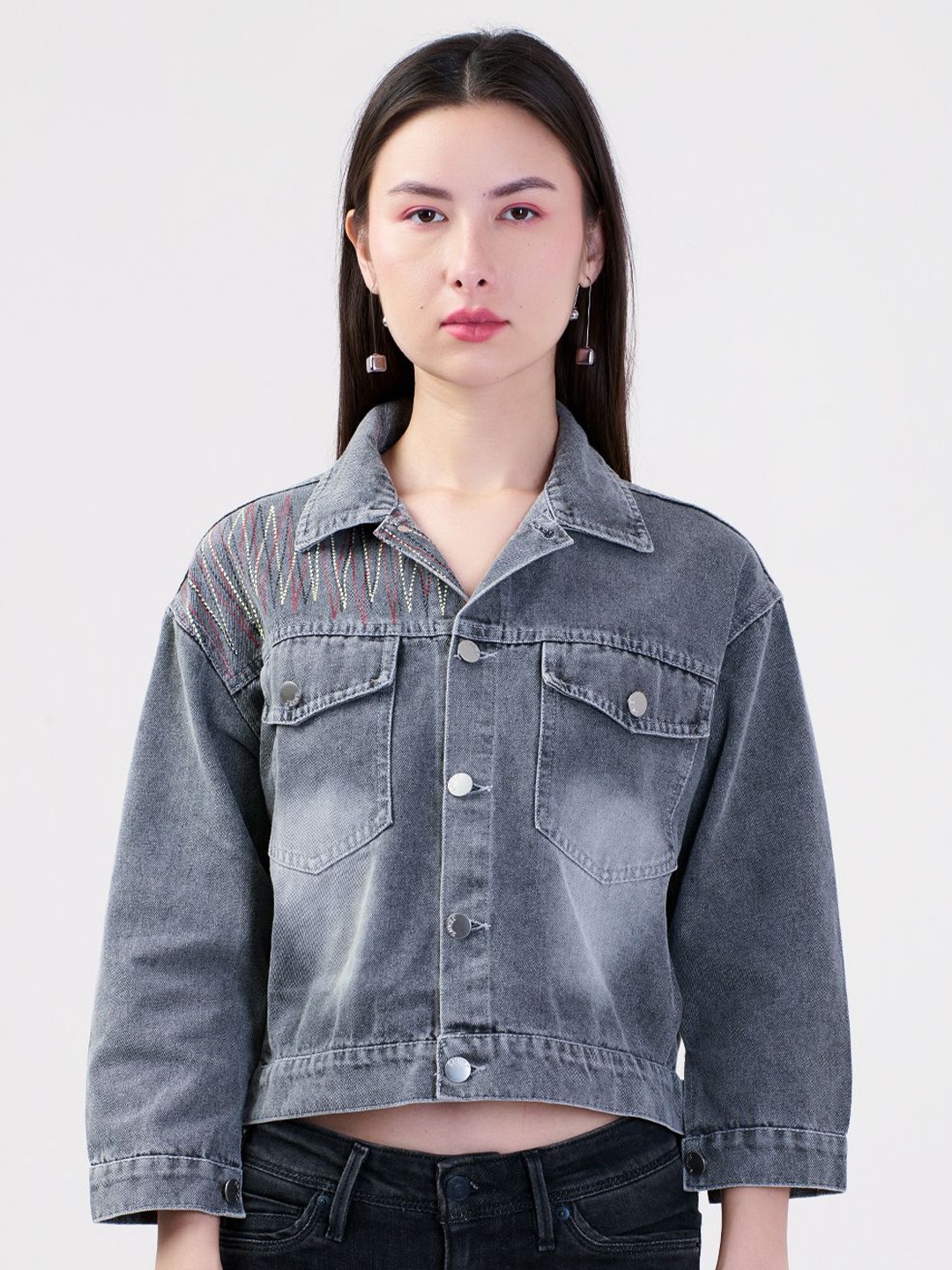 

Albion By CnM Women Shirt Collar Crop Sweatshirt, Grey