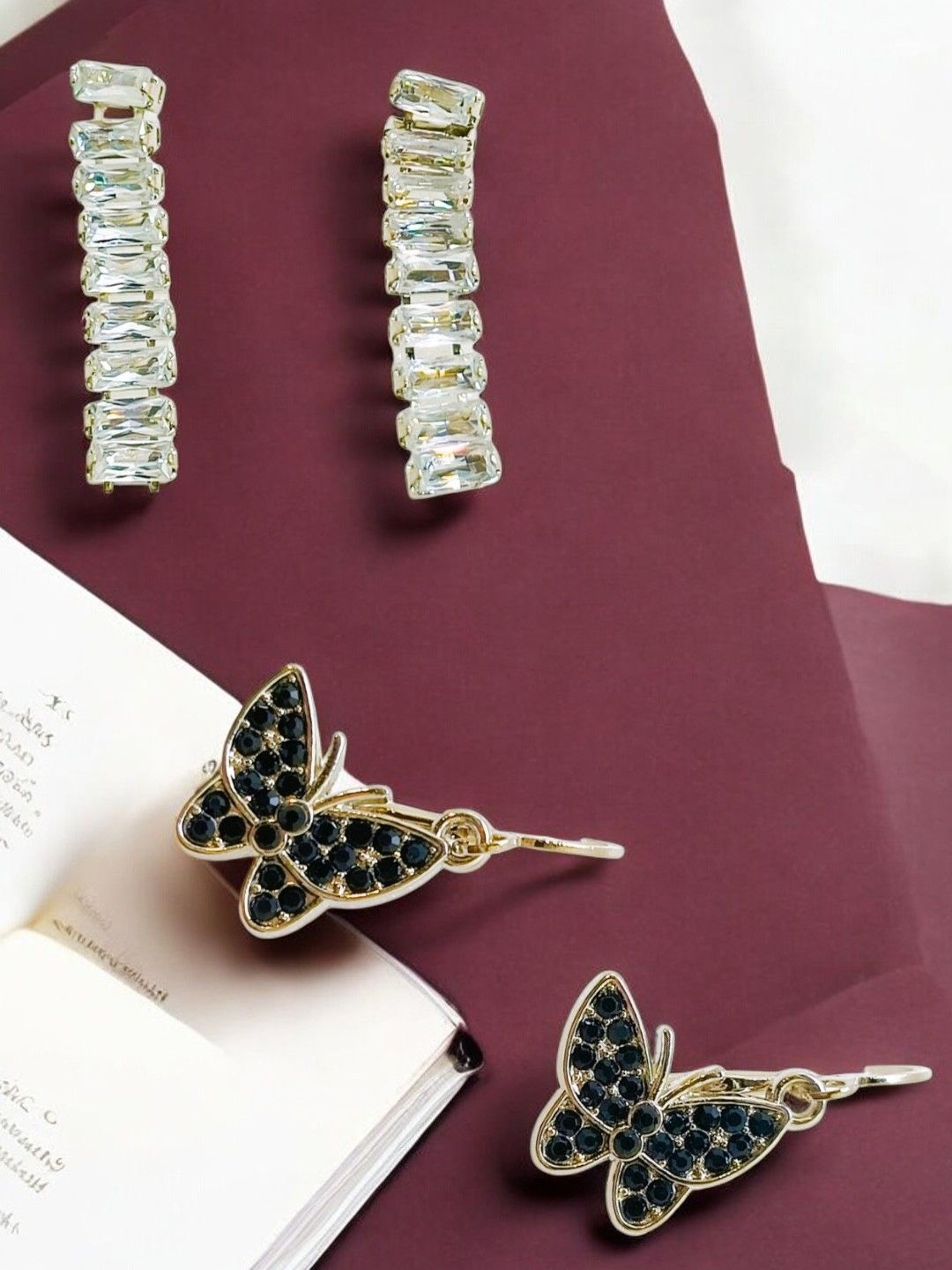 

9blings Set Of 2 Silver-Plated Cubic Zirconia Studded Contemporary Hoop Earrings