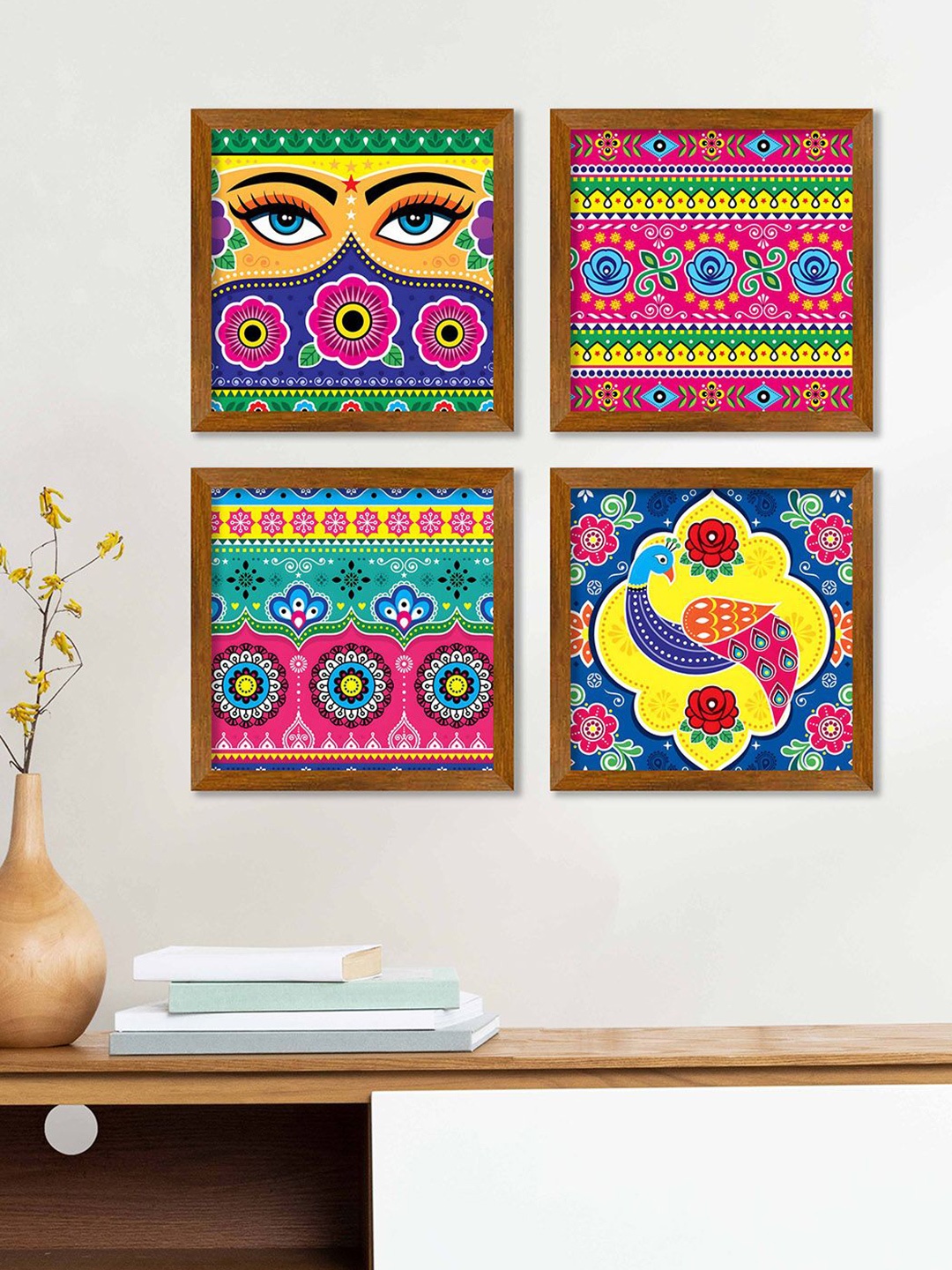 

ArtVibes Purple & Yellow 4 Pieces Madhubani Wooden Painting Wall Arts