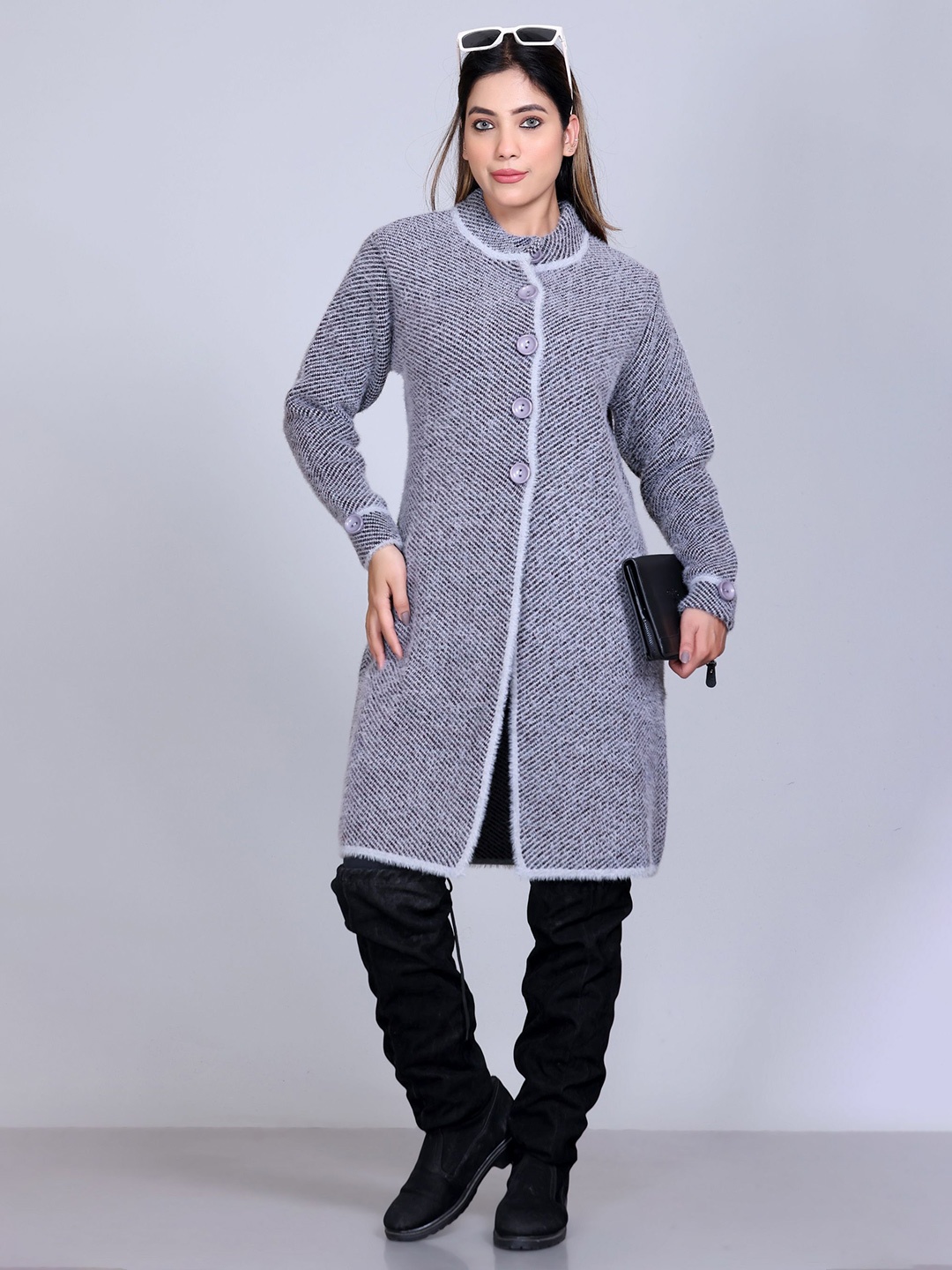 

Winter Wonders Geometric Self Design High Neck Woollen Longline Front-Open Sweater, Grey