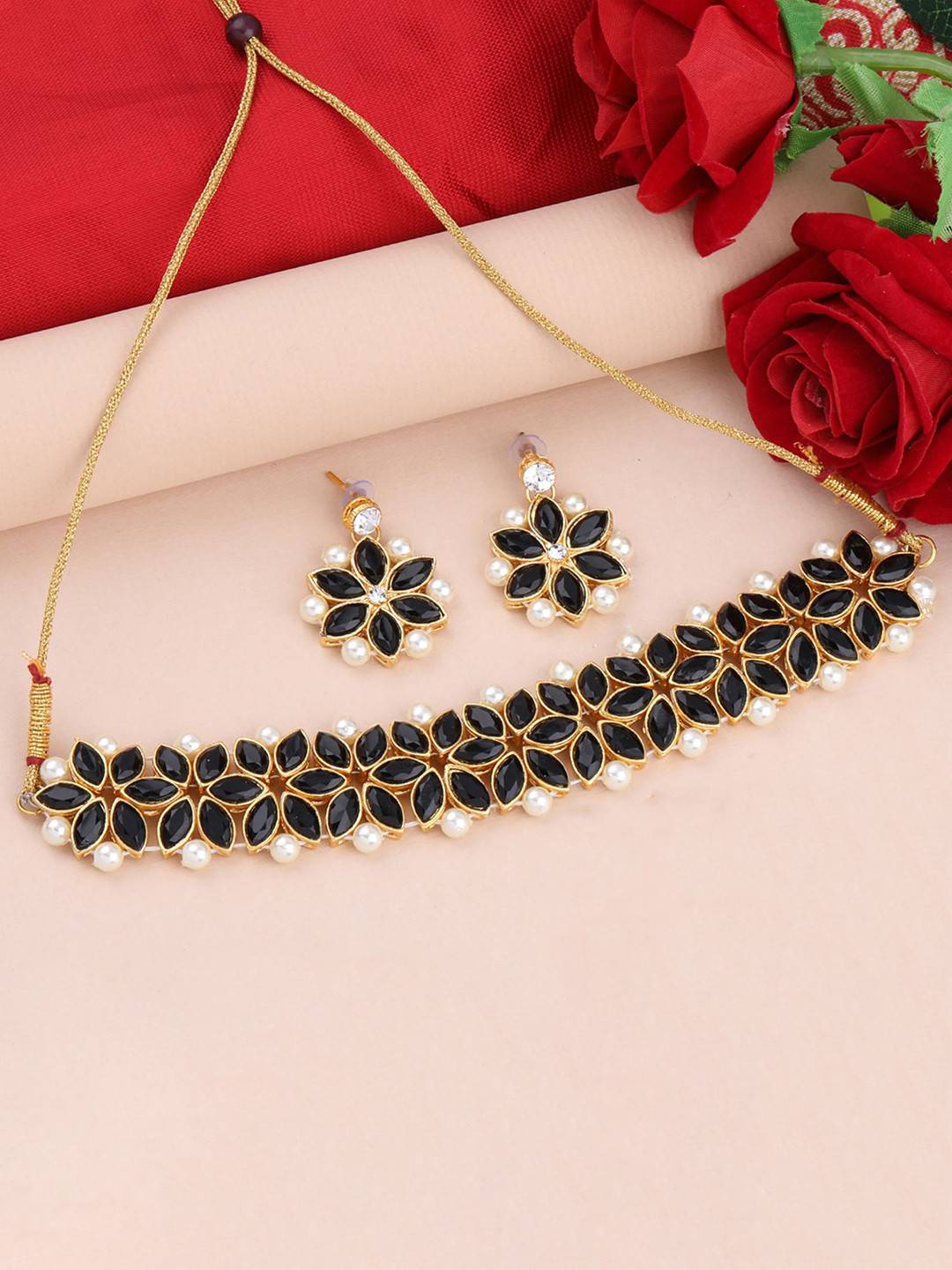 

Silver Shine Gold-Plated Stone Studded & Beaded Choker Necklace Set, Black