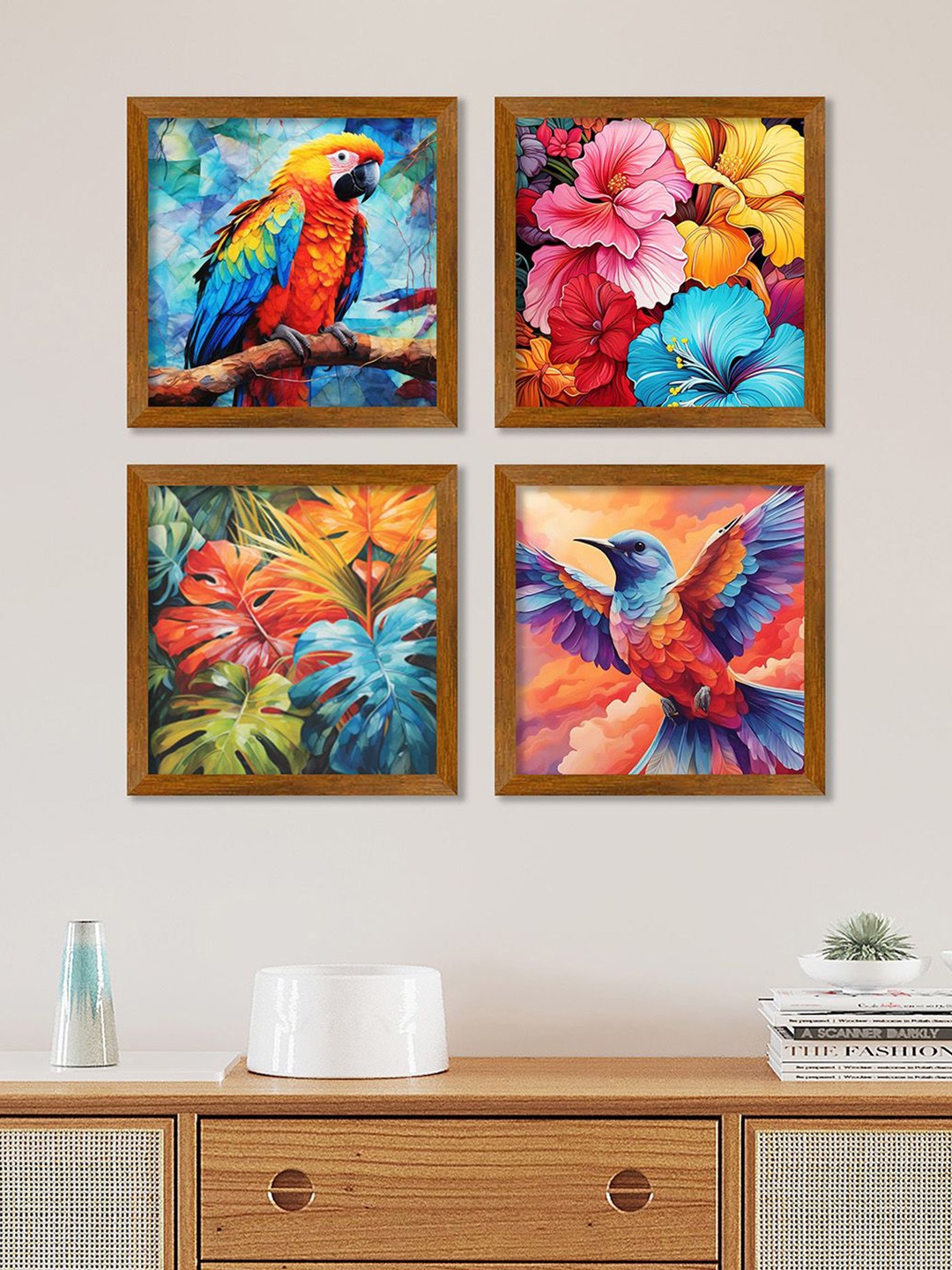 

ArtVibes Blue & Pink 4 Pieces Printed Wooden Wall Arts