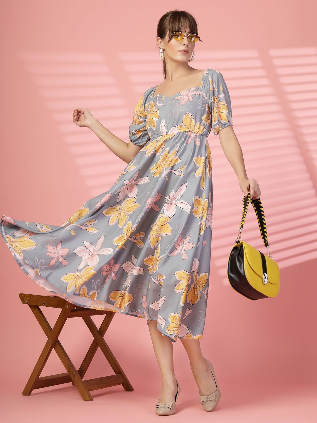 

Oomph! Women Floral Printed Puff Sleeve Fit & Flare Midi Dress, Grey