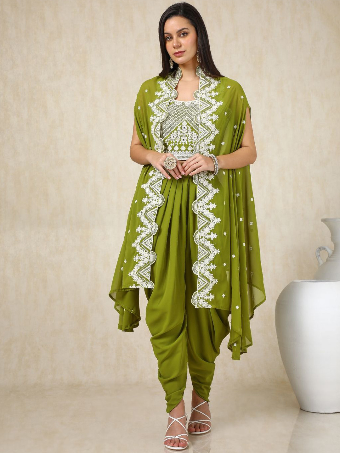 

Soch Green Floral Embroidered Round Neck Top & Patiala With Shrug