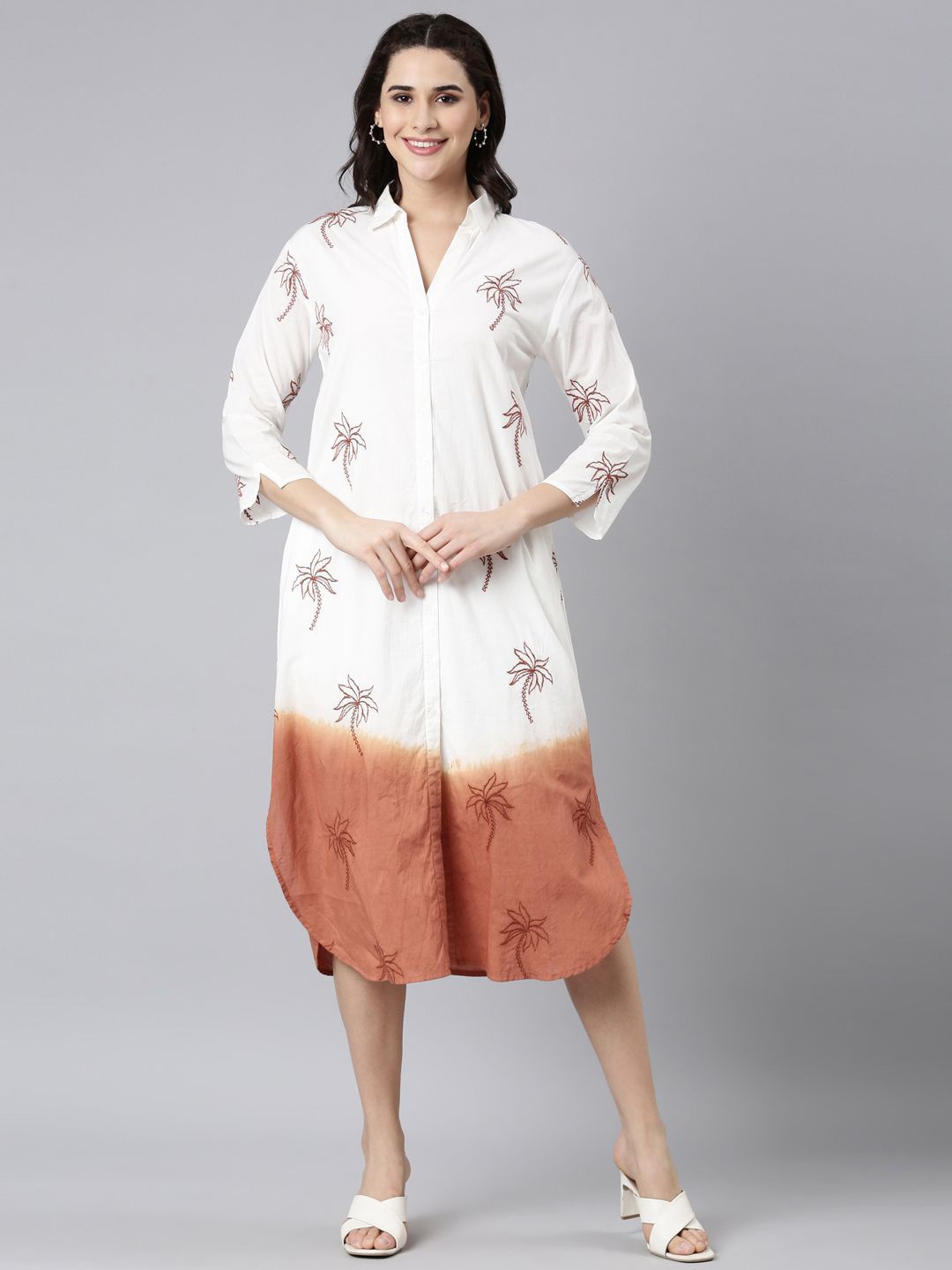 

Zolo Label Women Cotton Tie and Dye Dyed Shirt Midi Dress, Off white