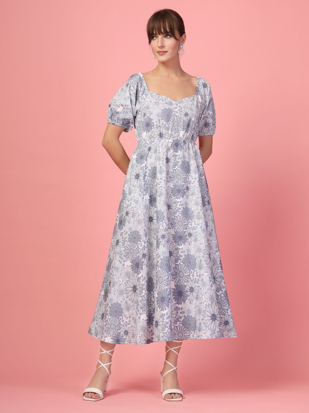 

Oomph! Women Floral Printed Sweetheart Neck Puff Sleeve Fit & Flare Midi Dress, Blue