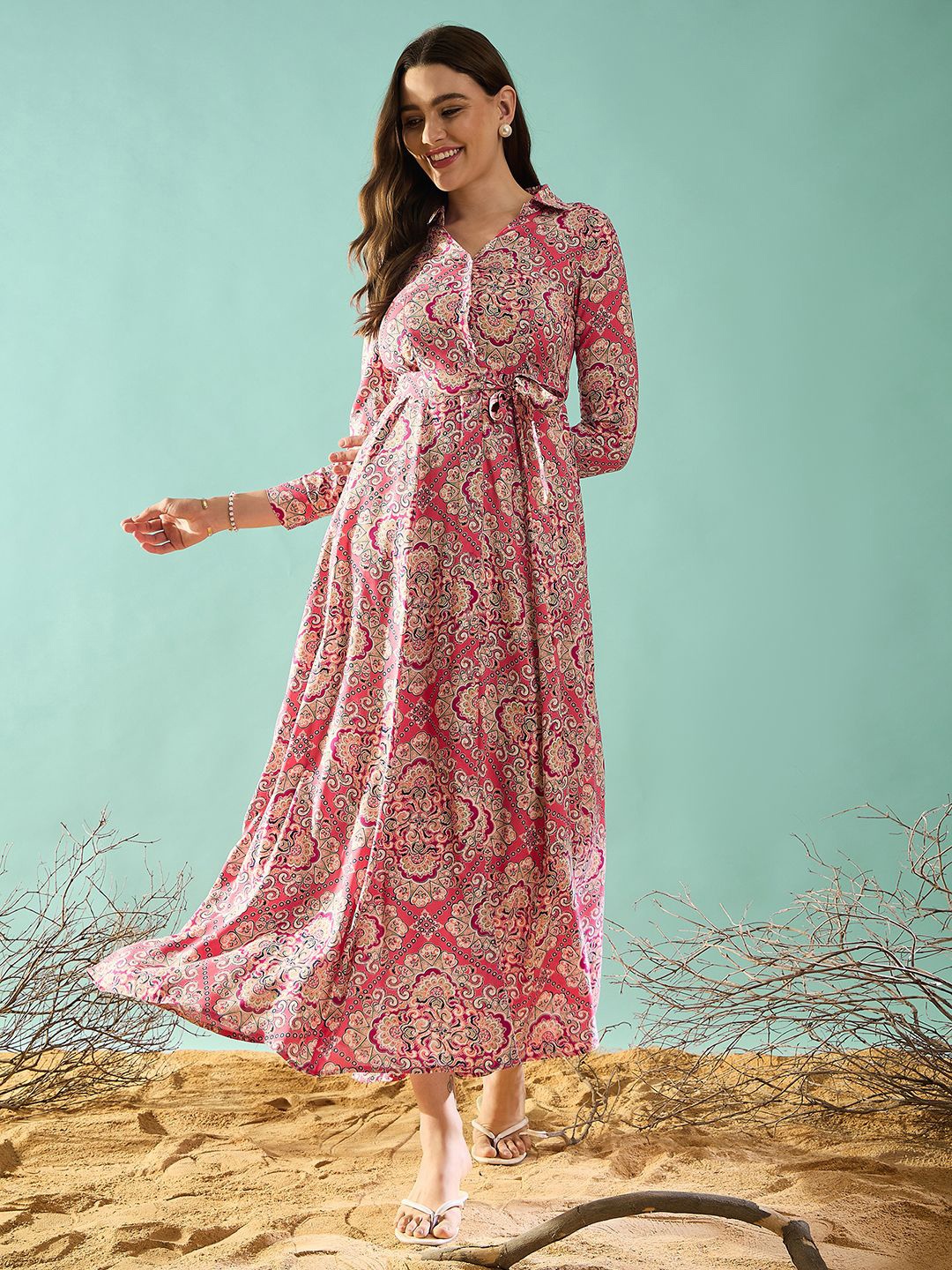 

PANIT Women Graphic Printed Fit & Flare Maxi Dress, Pink
