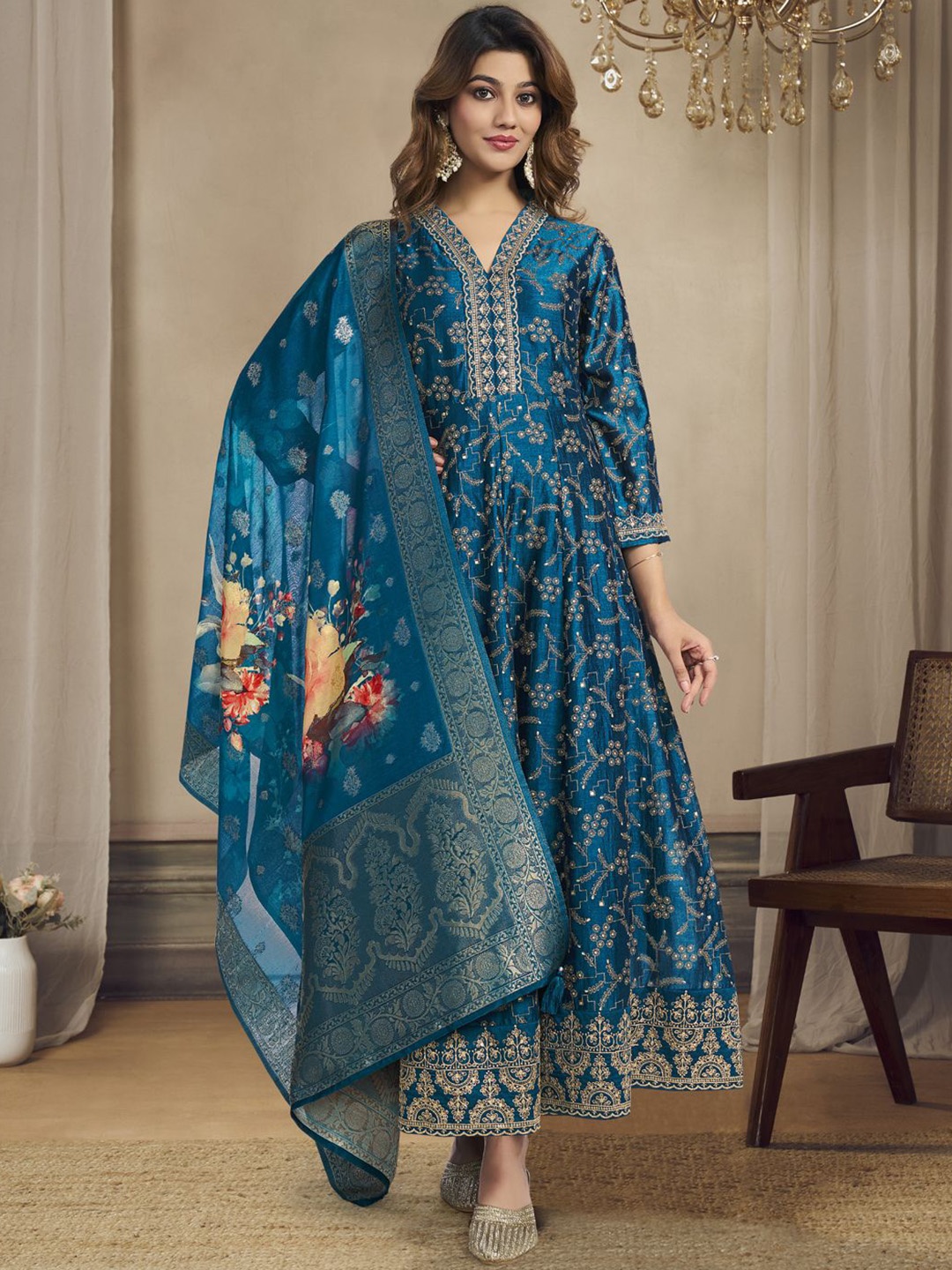 

all about you Blue Floral Embroidered V-Neck Anarkali Kurta With Trousers & Dupatta