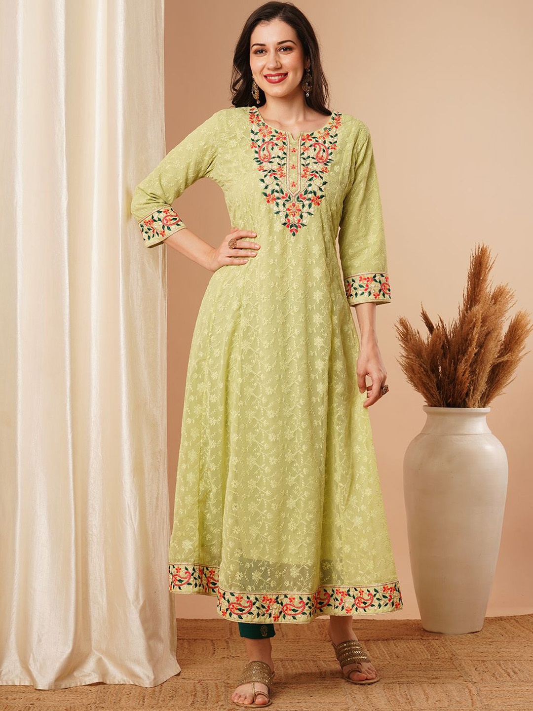 

FASHOR Floral Embroidered Thread Work Georgette Anarkali Kurta, Green