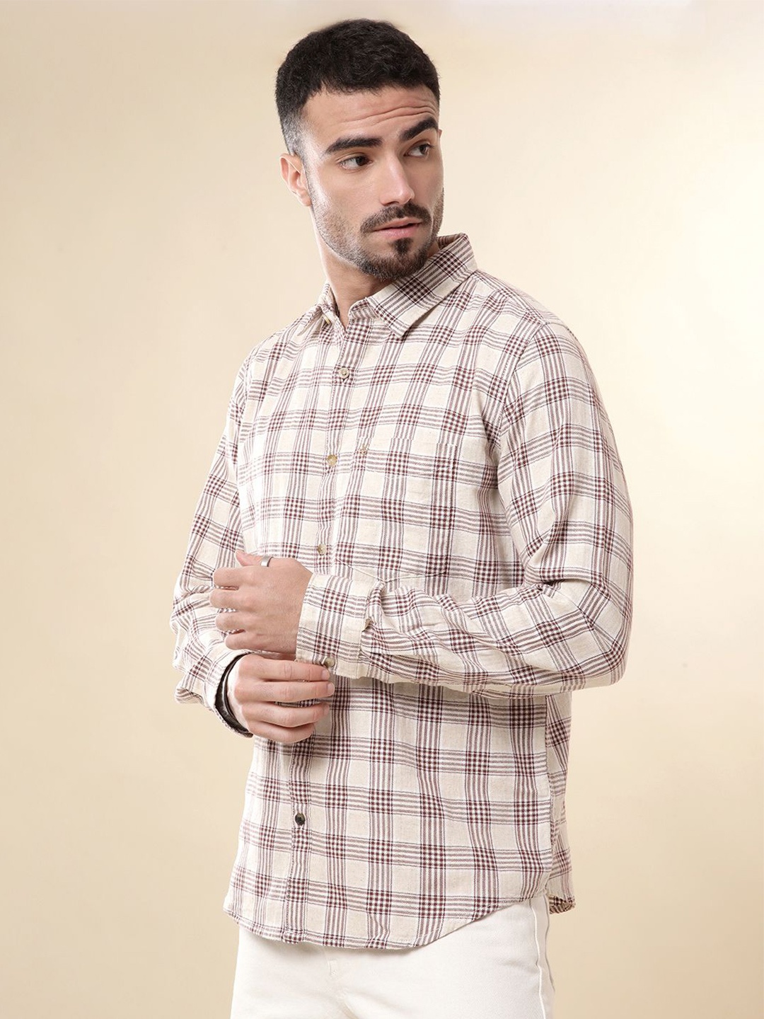 

WROGN Men Comfort Spread Collar Tartan Checked Cotton Slim Fit Casual Shirt, Beige