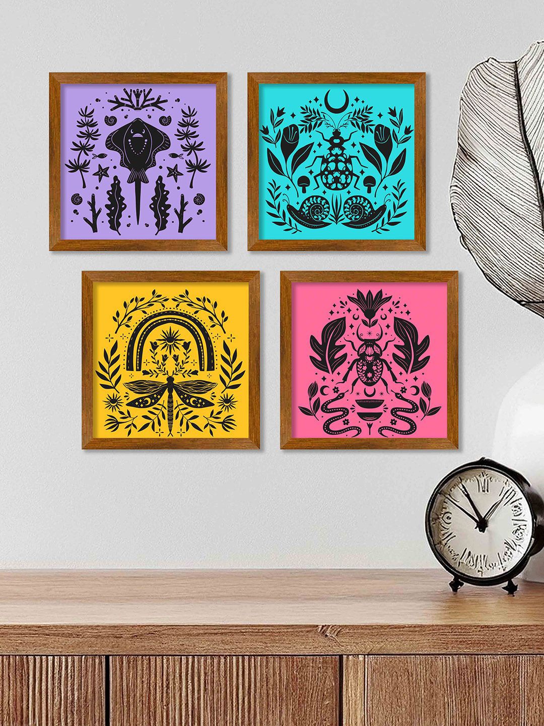 

ArtVibes 4-Pcs Yellow & Purple Folk Art Printed Wooden Wall Arts
