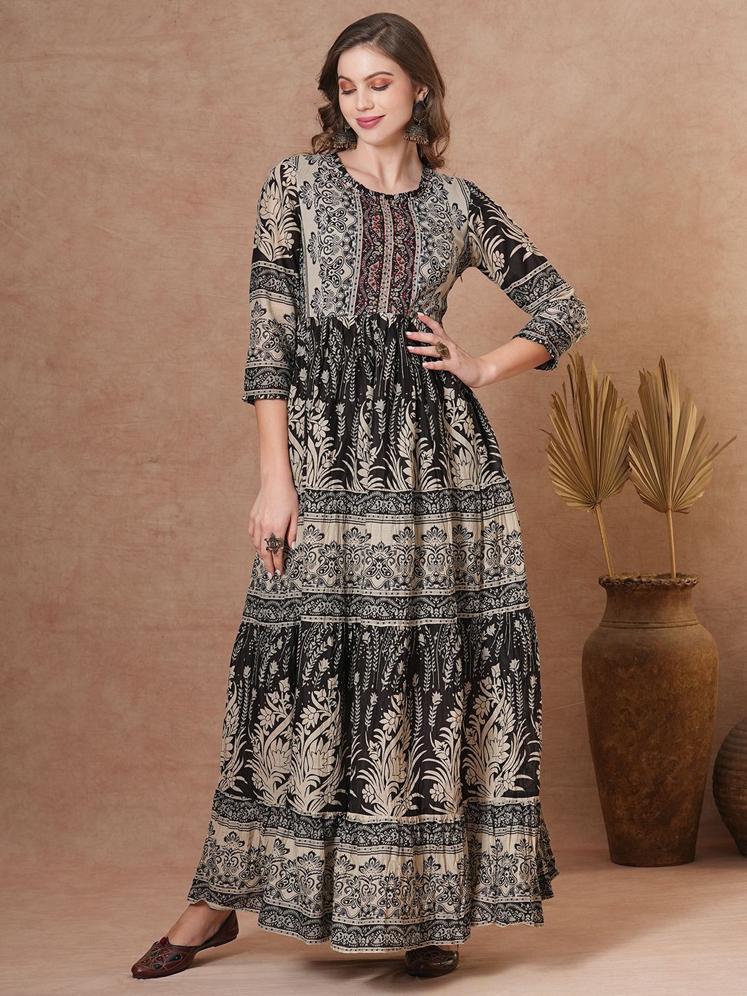 

FASHOR Women Floral Print Cotton Round Neck Three-Quarter Sleeves Maxi Ethnic Dresses, Brown