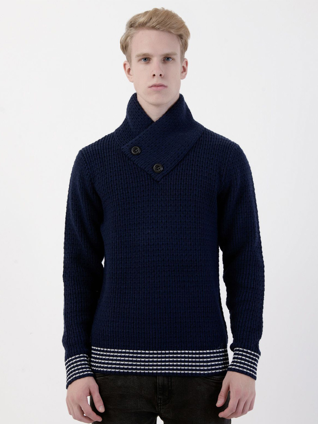 

Albion By CnM Men Shawl Collar Ribbed Pullover Sweater, Navy blue