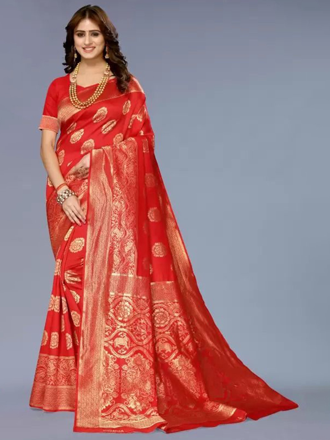 

Florence Woven Design Zari Pure Silk Kanjeevaram Saree, Red