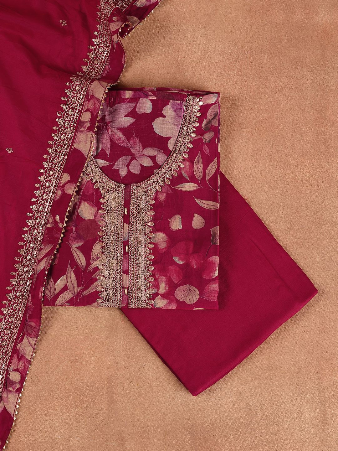 

Libas Maroon Floral Printed Sequined Unstitched Dress Material