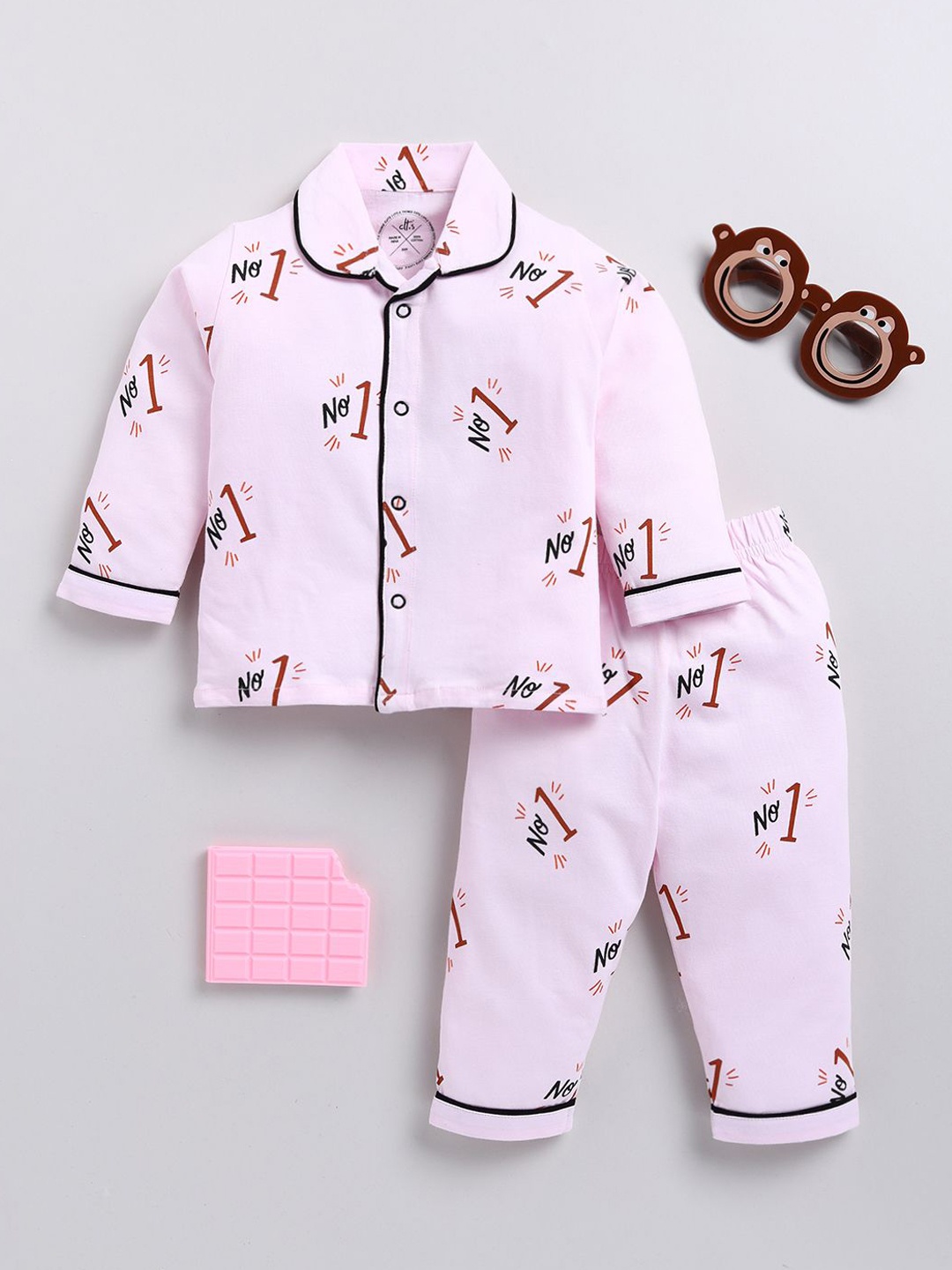 

Clt.s Kids Typography Printed Pure Cotton Full Sleeve Lapel Collar Night Suit, Pink
