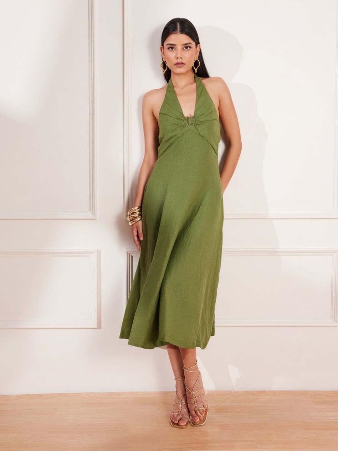 

tara and i Women Halter Neck Linen Maxi Dress, Green