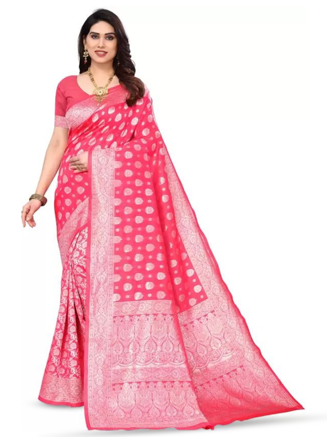 

SAADHVI Woven Design Pure Silk Traditional Kanjeevaram Saree, Pink
