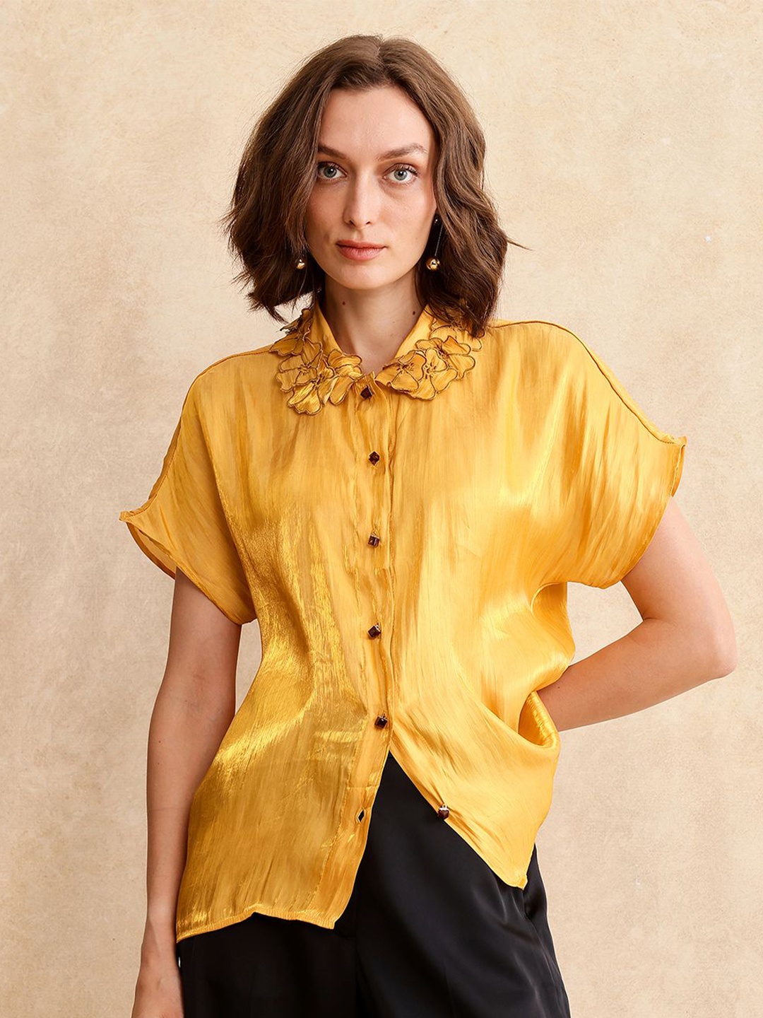 

RAREISM Women Comfort Spread Collar Solid Boxy Casual Shirt, Yellow