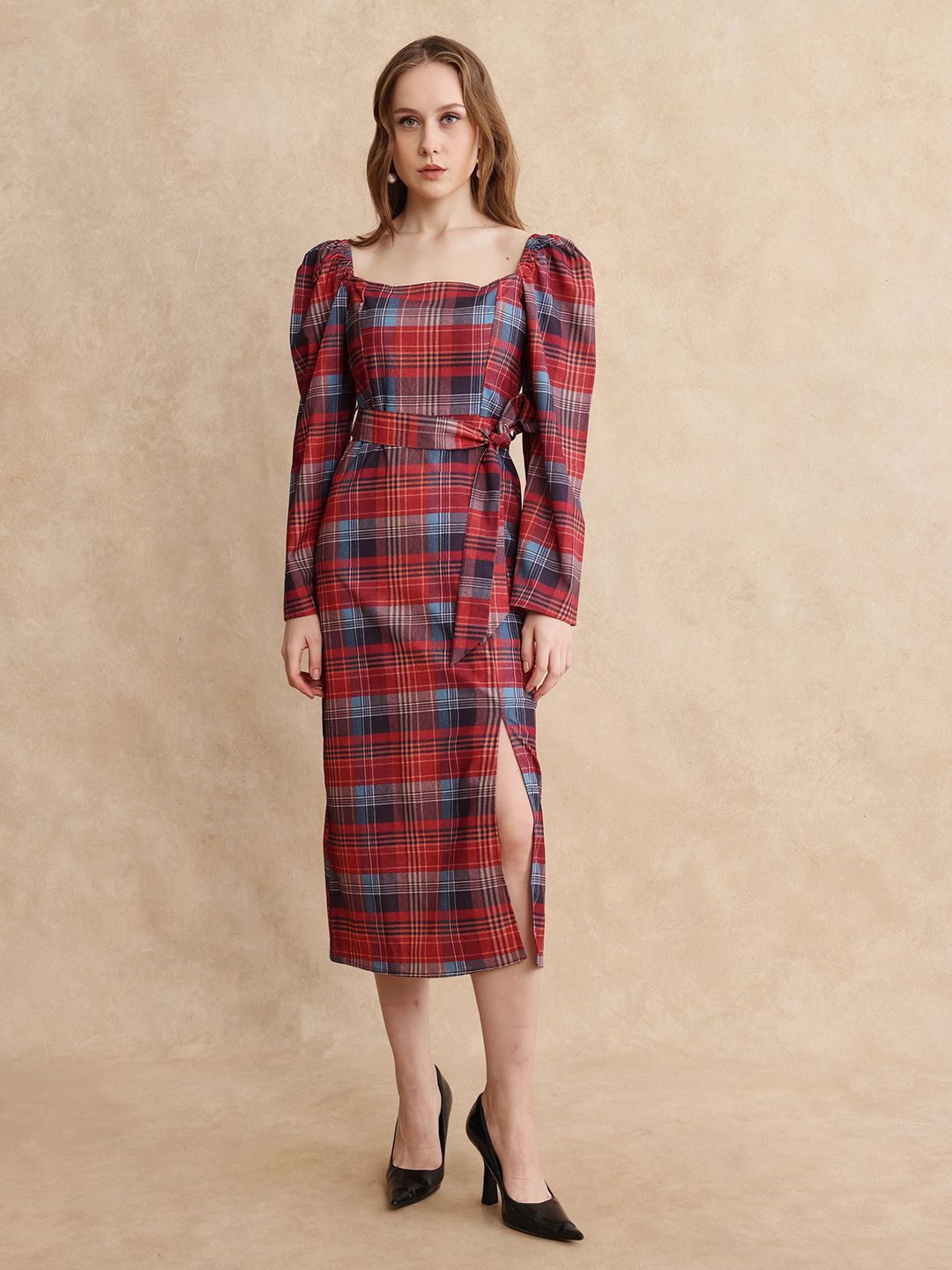 

RAREISM Women Checked A-line Midi Dress, Red
