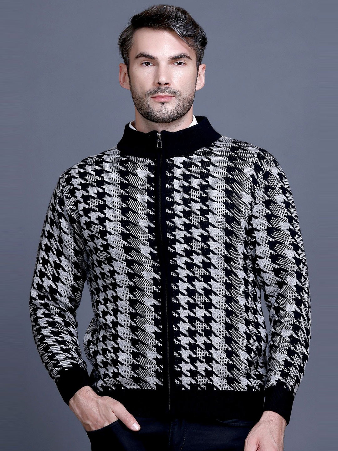 

GODFREY Men Geometric Design Winter Cardigan, Black