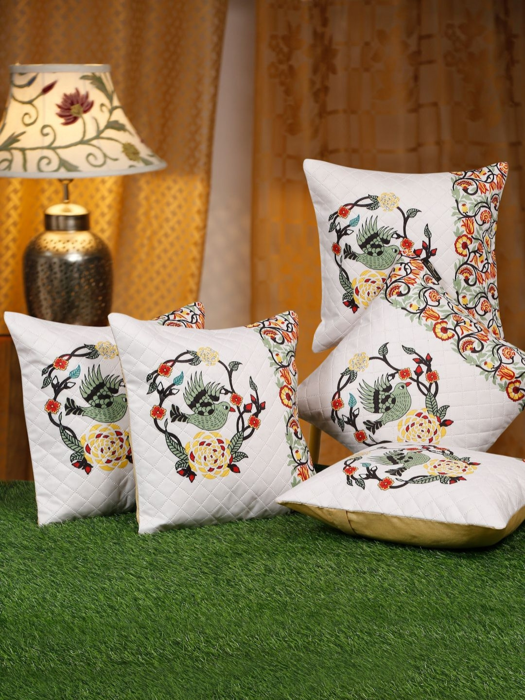 

SOKNACK White & Green 5 Pieces Floral Velvet Square Cushion Covers