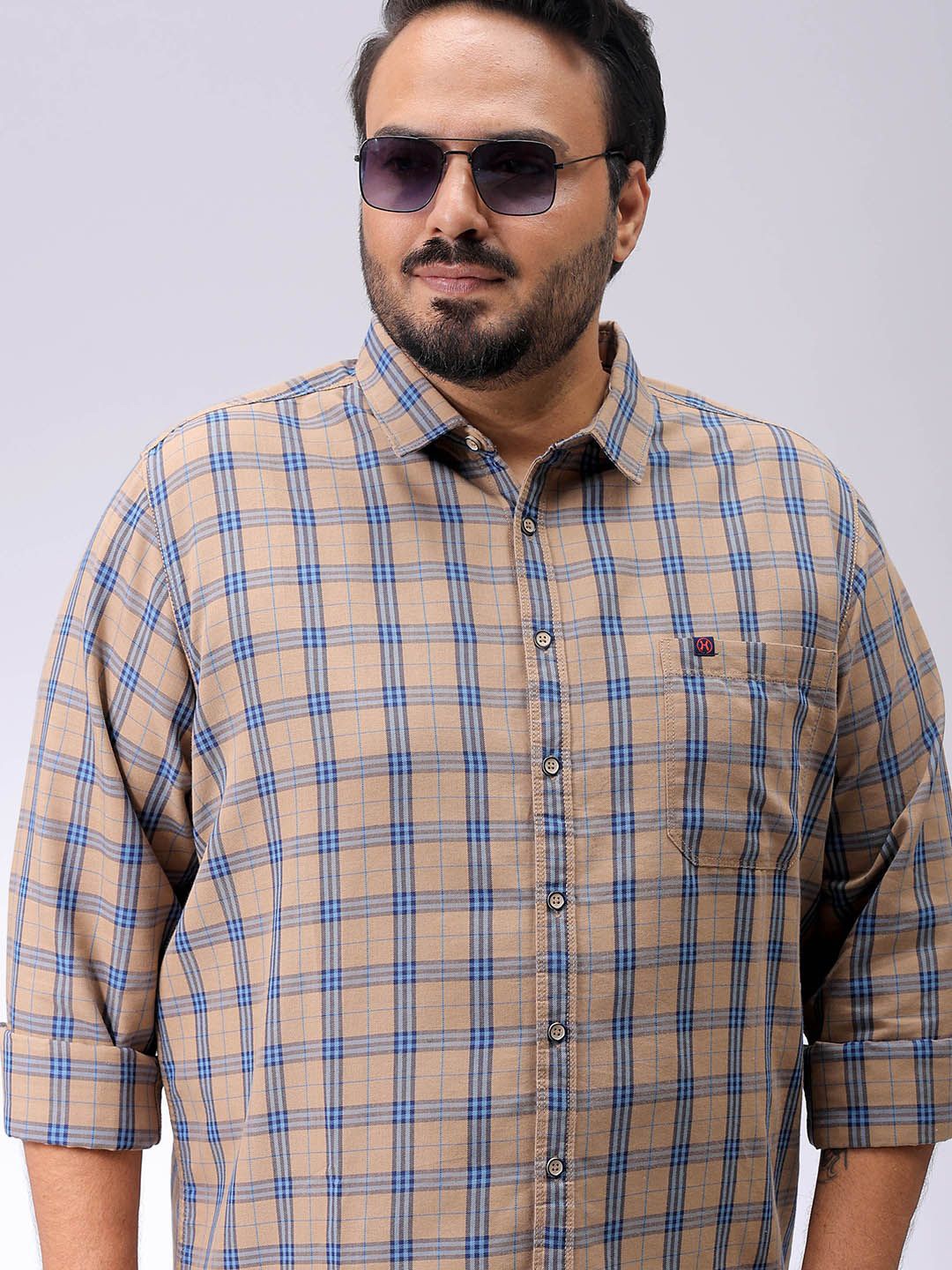 

Hardsoda by The Indian Garage Co Men Plus Size Windowpane Checks Casual Shirt, Beige