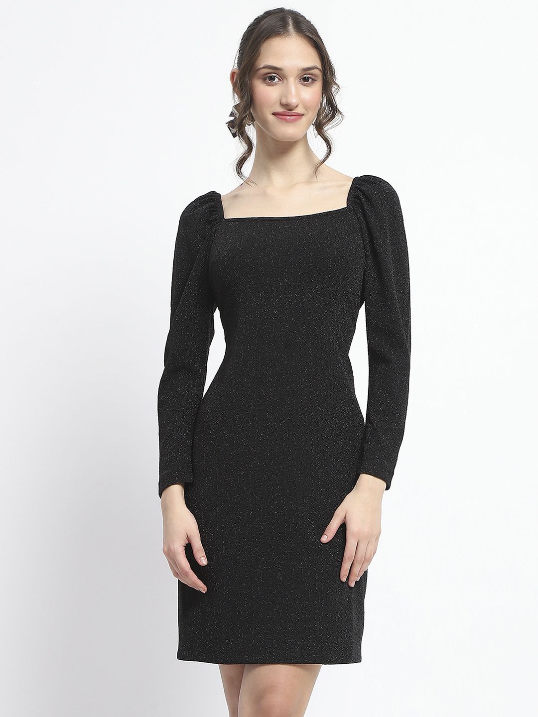 

Madame Women Embellished Square Neck Long Sleeves Sheath Dress, Black