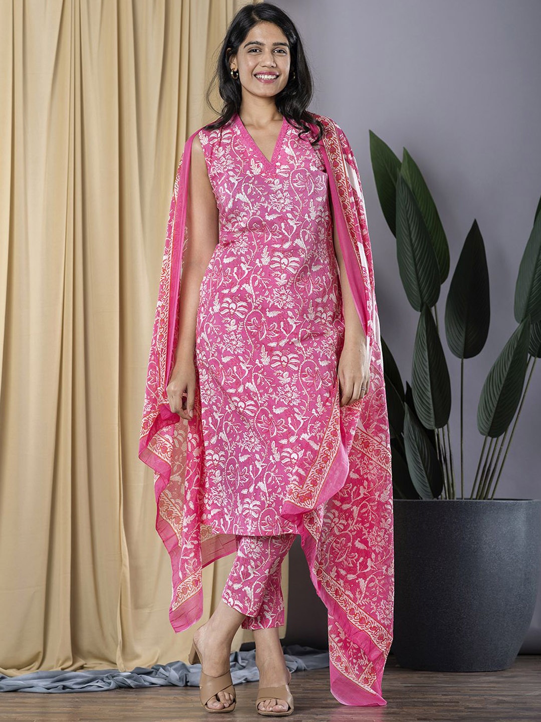 

KALINI Floral Printed Pure Cotton Kurta with Trouser & Dupatta, Pink